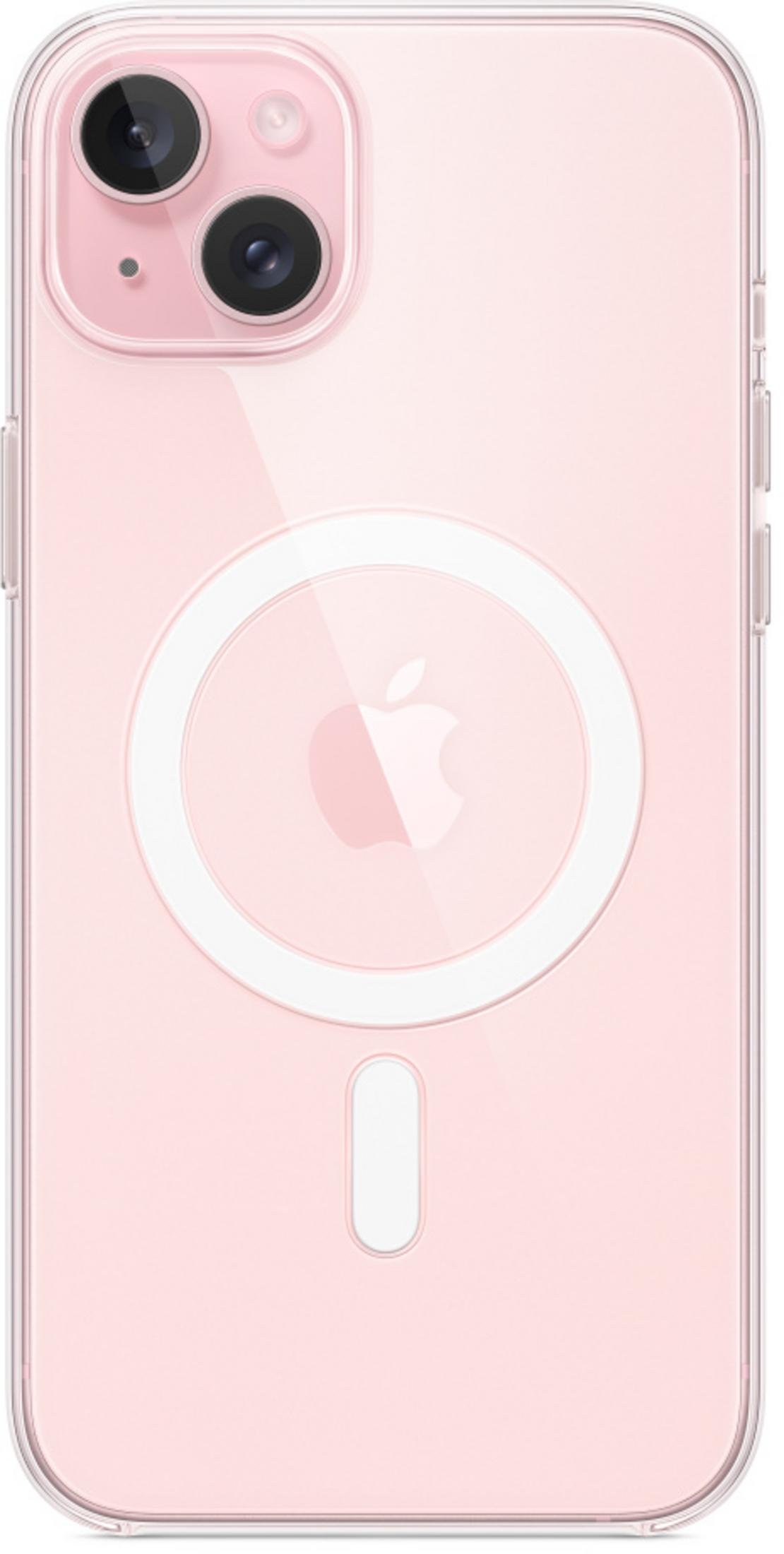 Przezroczyste różowe etui z logo Apple i okręgiem MagSafe.