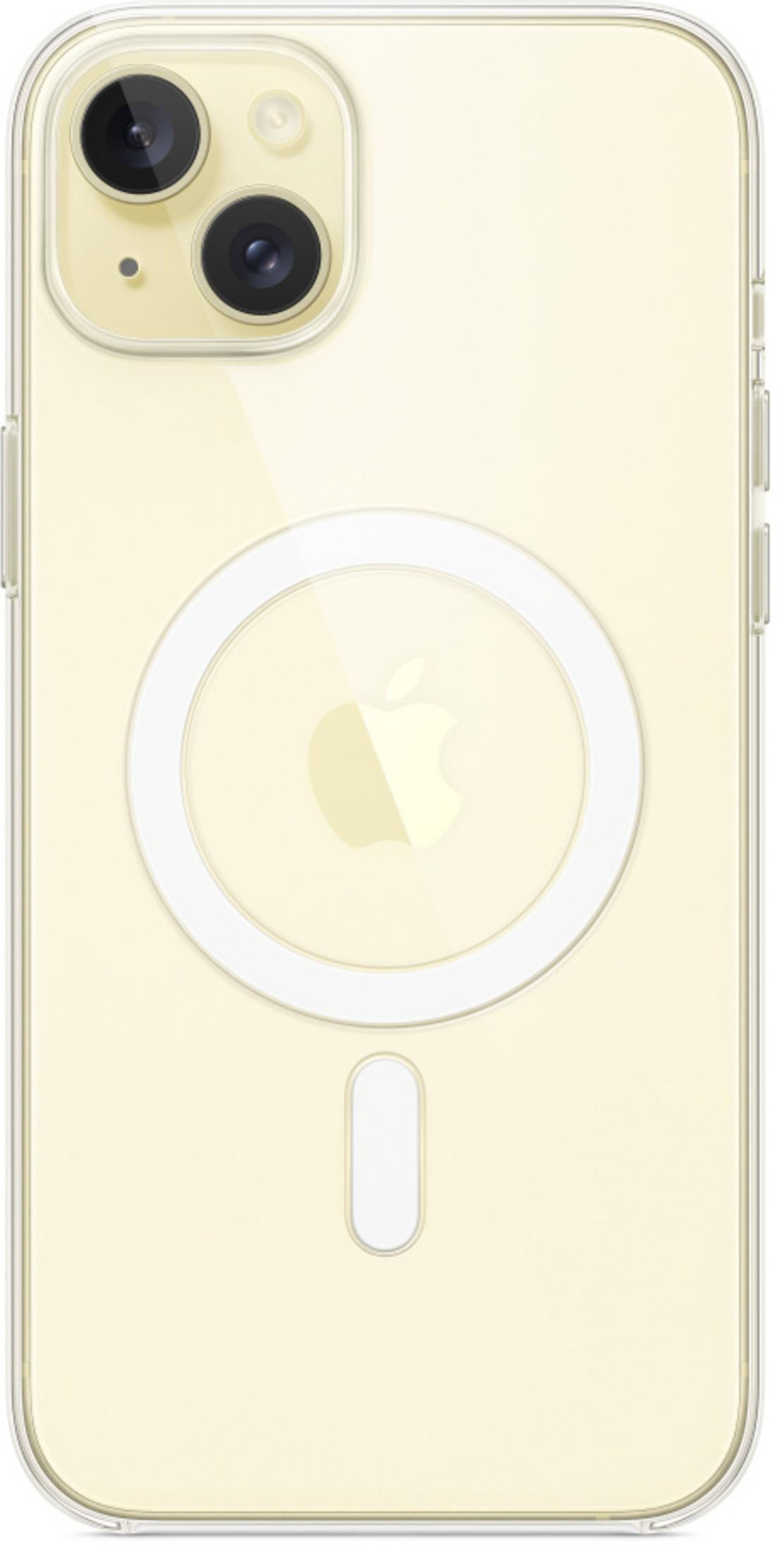 Przezroczyste etui na telefon z pierścieniem MagSafe i logo Apple.