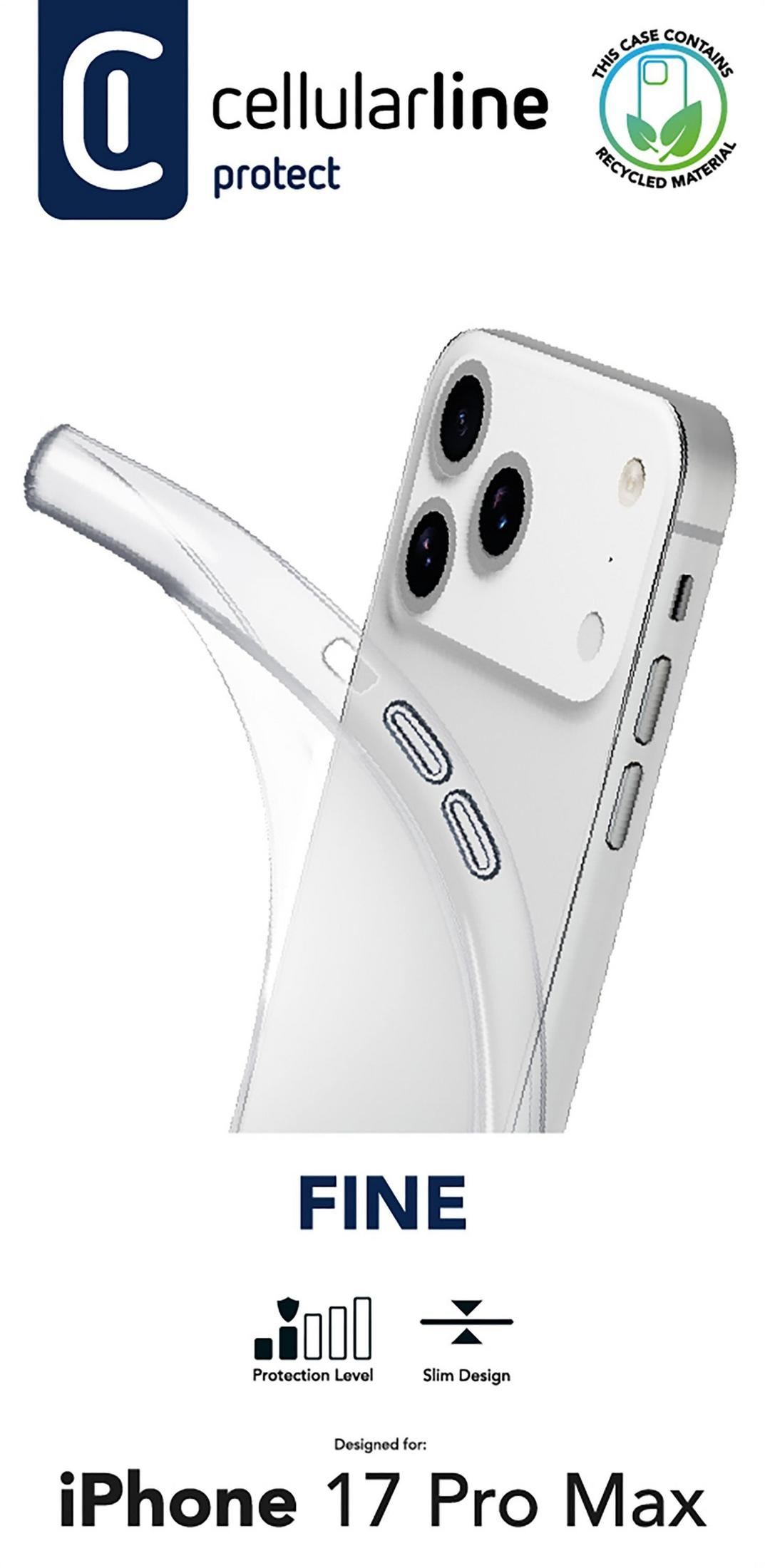 Custodia trasparente per iPhone 17 Pro Max, mostra fotocamera e logo.