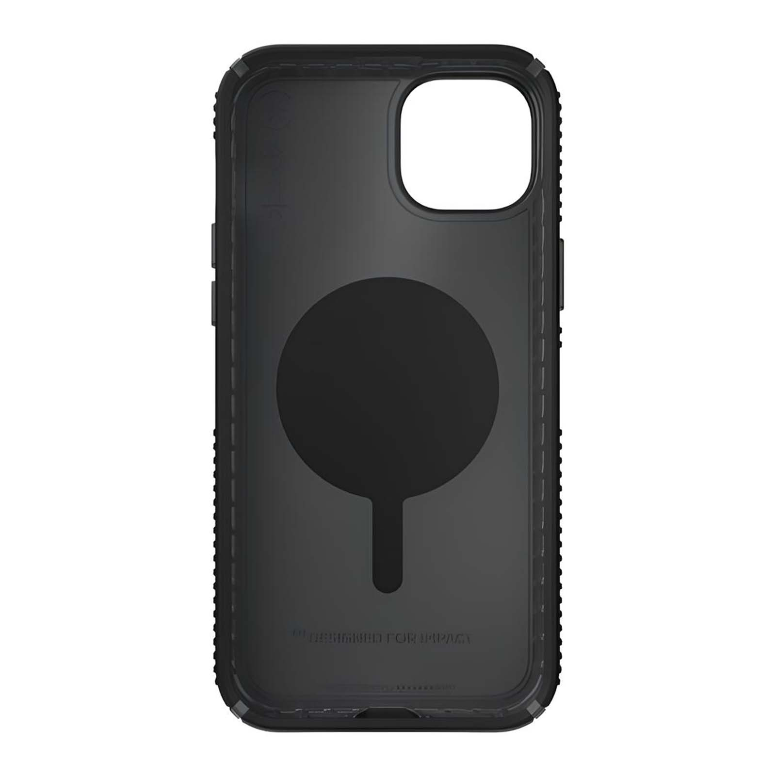 Custodia nera per iPhone con cerchio MagSafe e ritaglio per fotocamera.