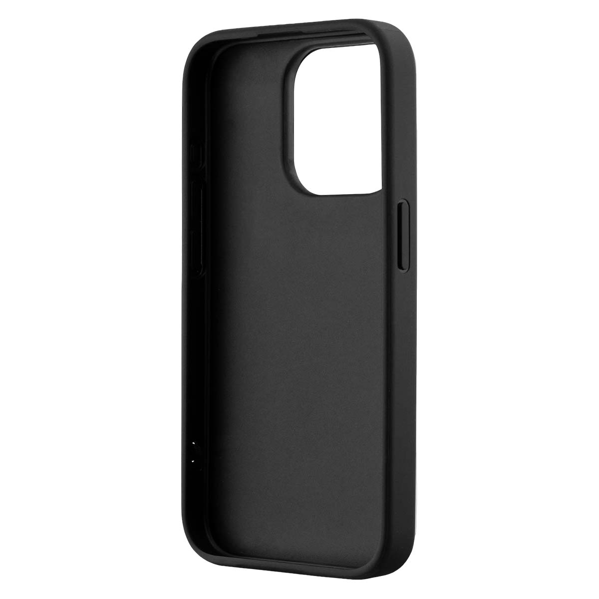 Custodia nera per telefono con ritaglio fotocamera, pulsanti laterali e porta di ricarica.