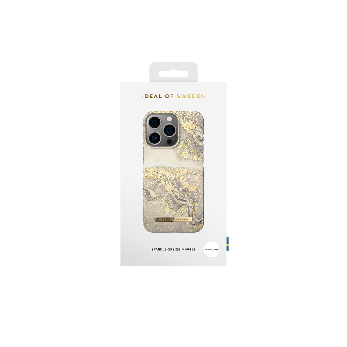 Confezione per cover iPhone 13 Pro con motivo marmorizzato e glitter oro.