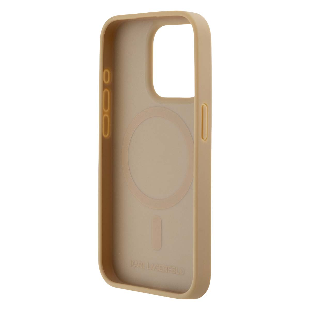 Una custodia per telefono beige con logo Karl Lagerfeld e anello magnetico.