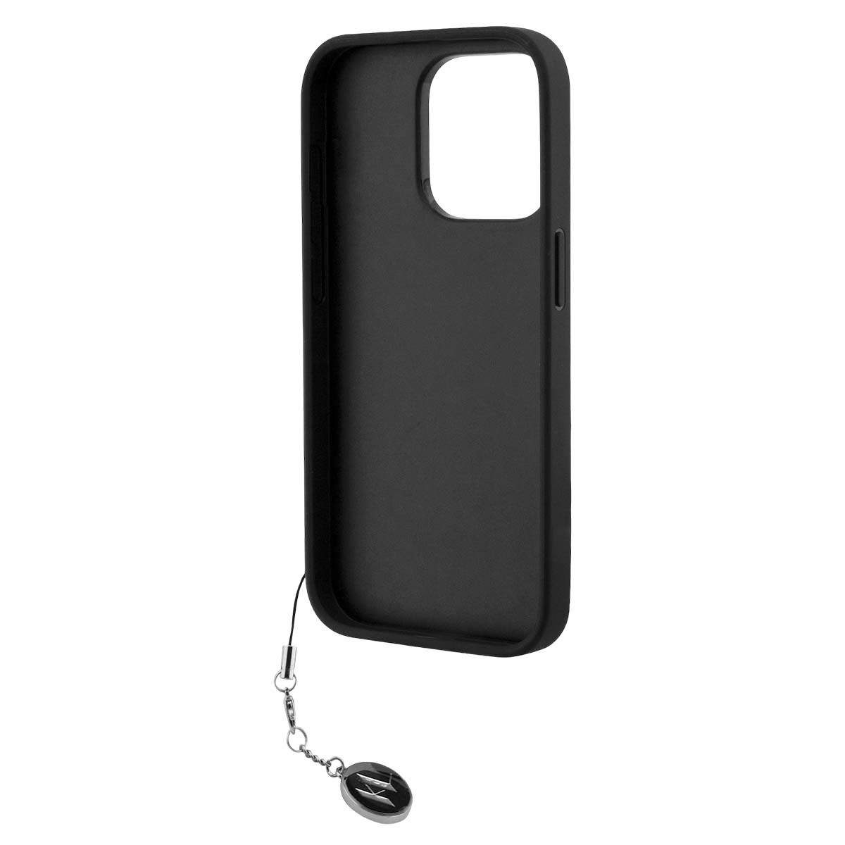 Custodia nera per telefono con ciondolo logo argentato.