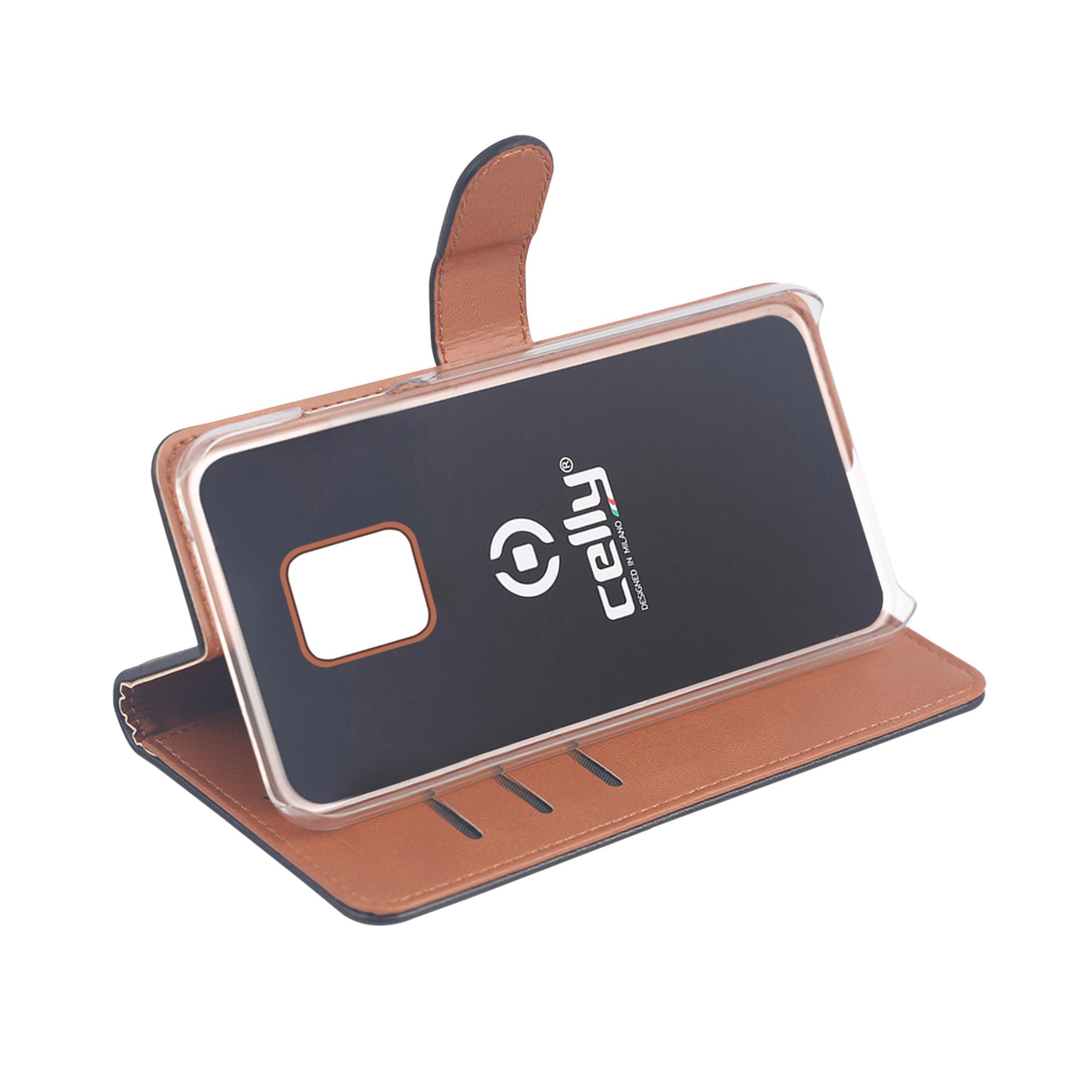 Una custodia a libro in pelle marrone con inserto trasparente per telefono.