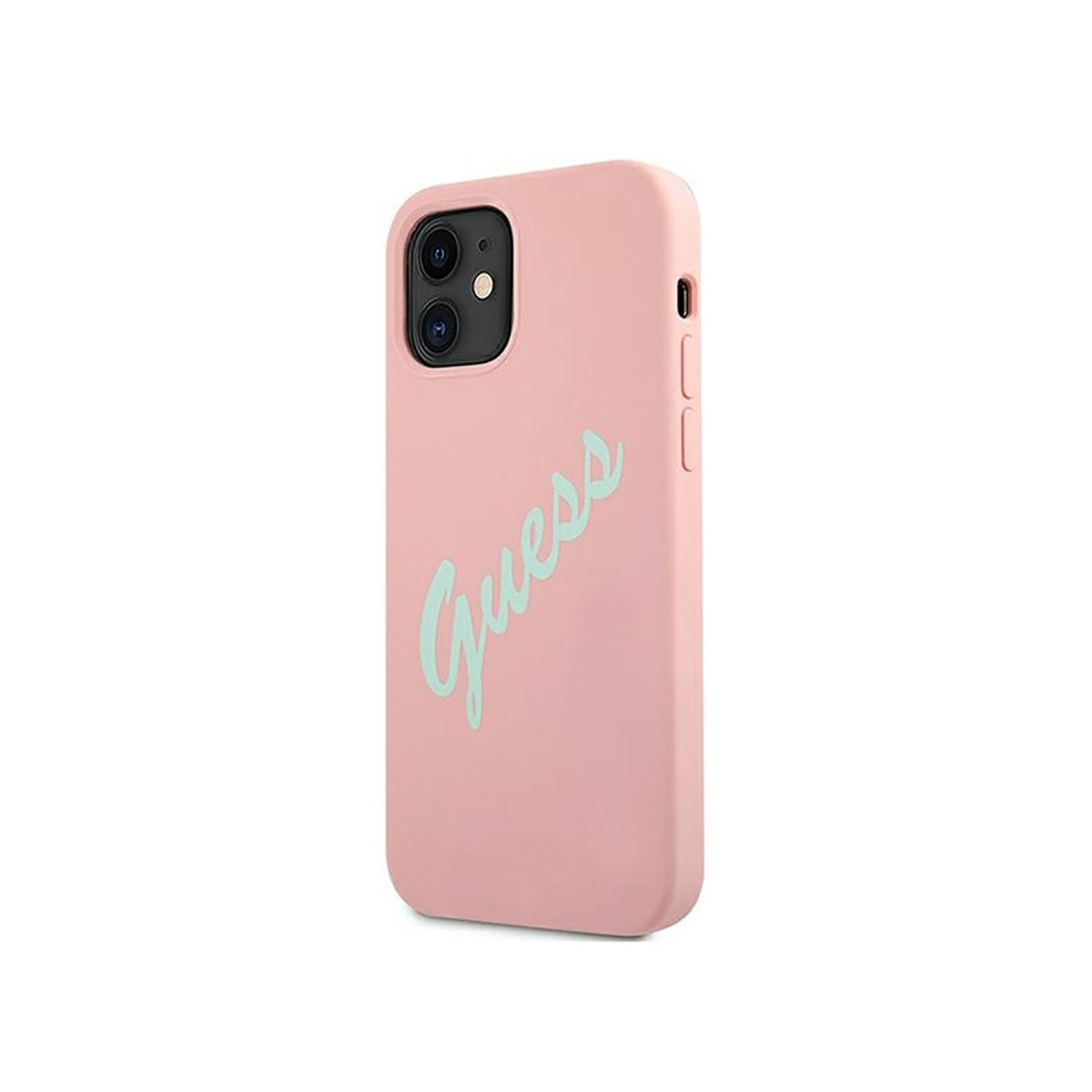 Różowe etui na telefon z jasnozielonym logo "Guess".