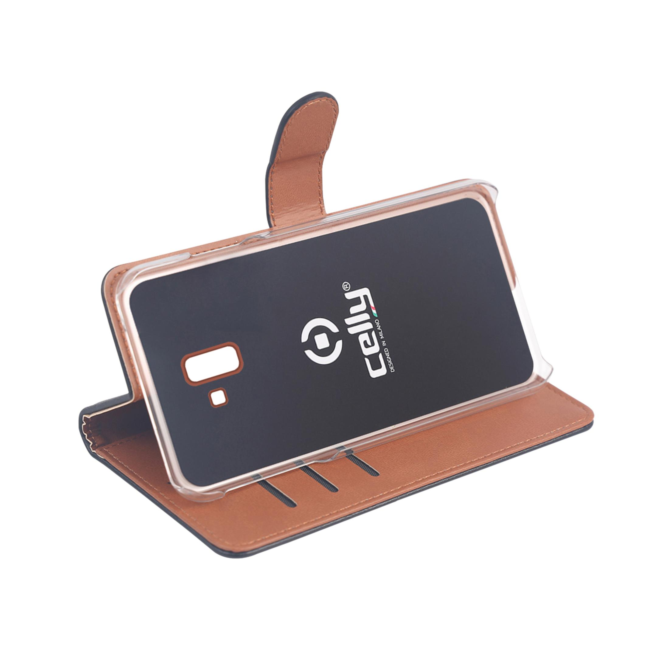 Custodia marrone per telefono con inserto nero e logo Celly.
