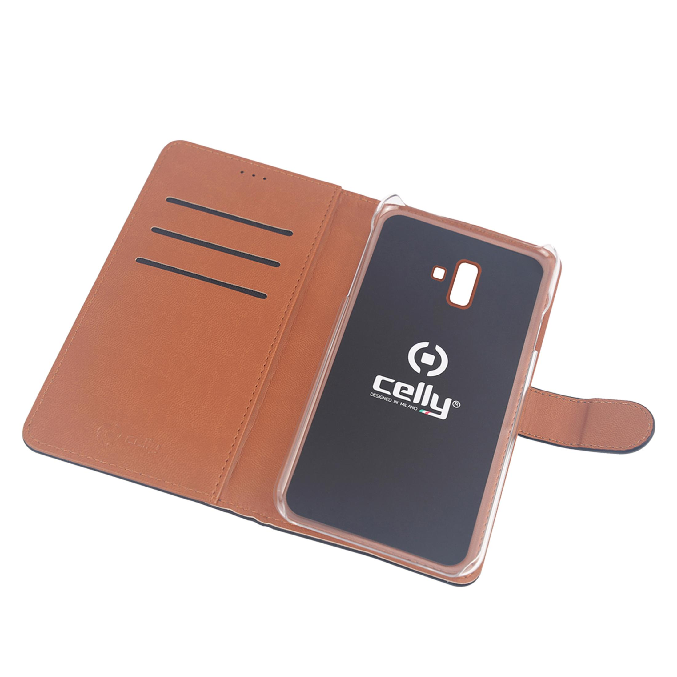 Custodia per telefono marrone con slot per carte e inserto trasparente per smartphone.