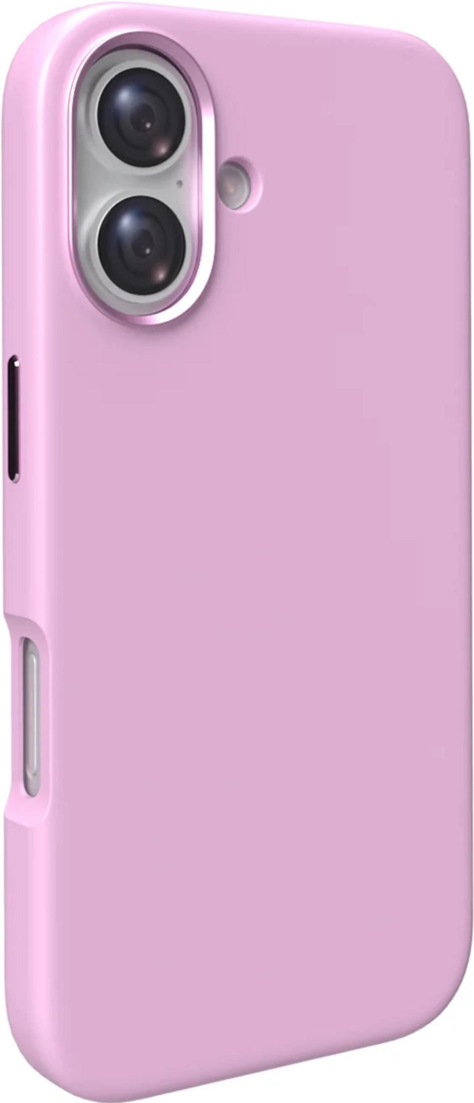 Una cover rosa chiaro per telefono con ritaglio doppia fotocamera e tasto laterale.