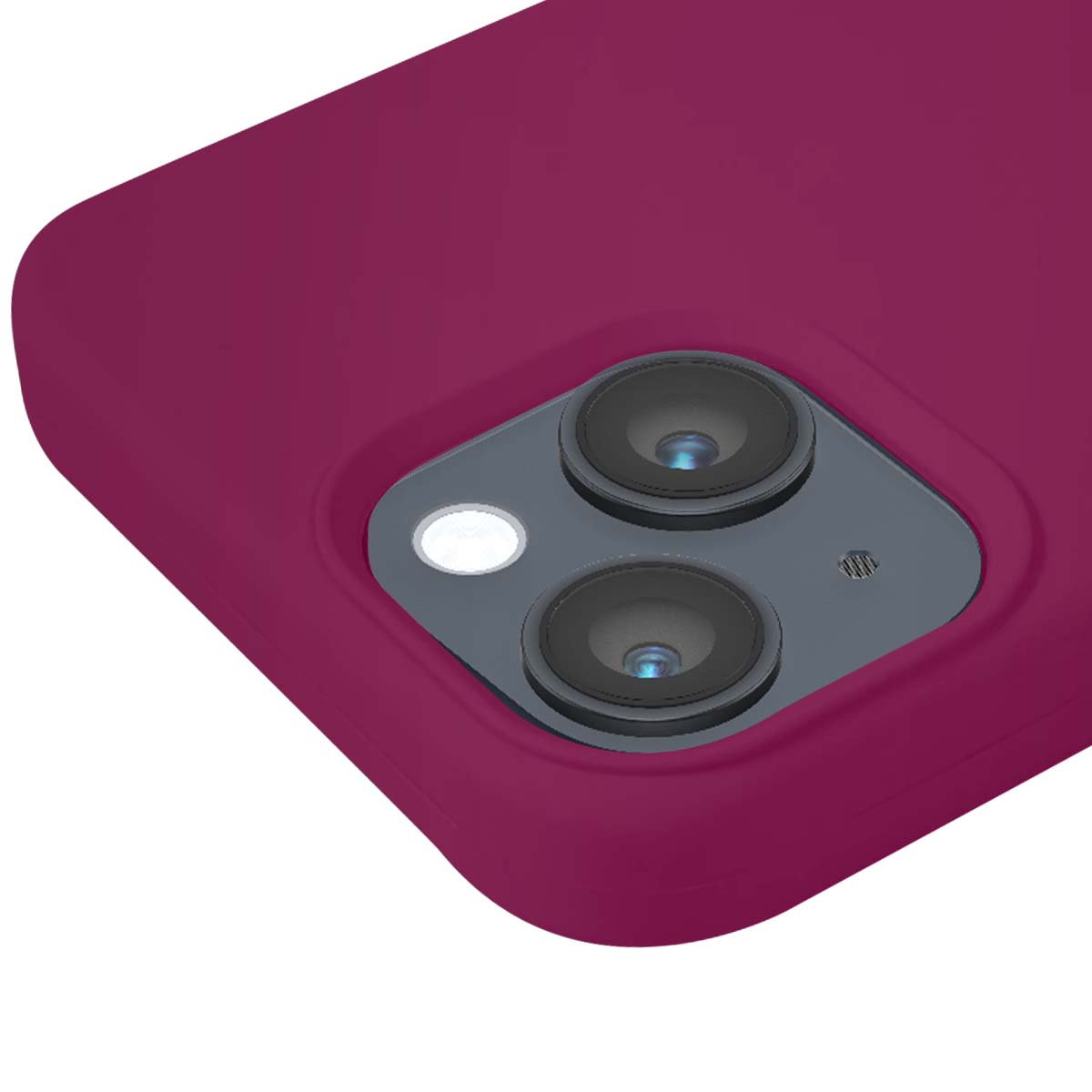 Primo piano di una custodia per telefono magenta con modulo fotocamera.