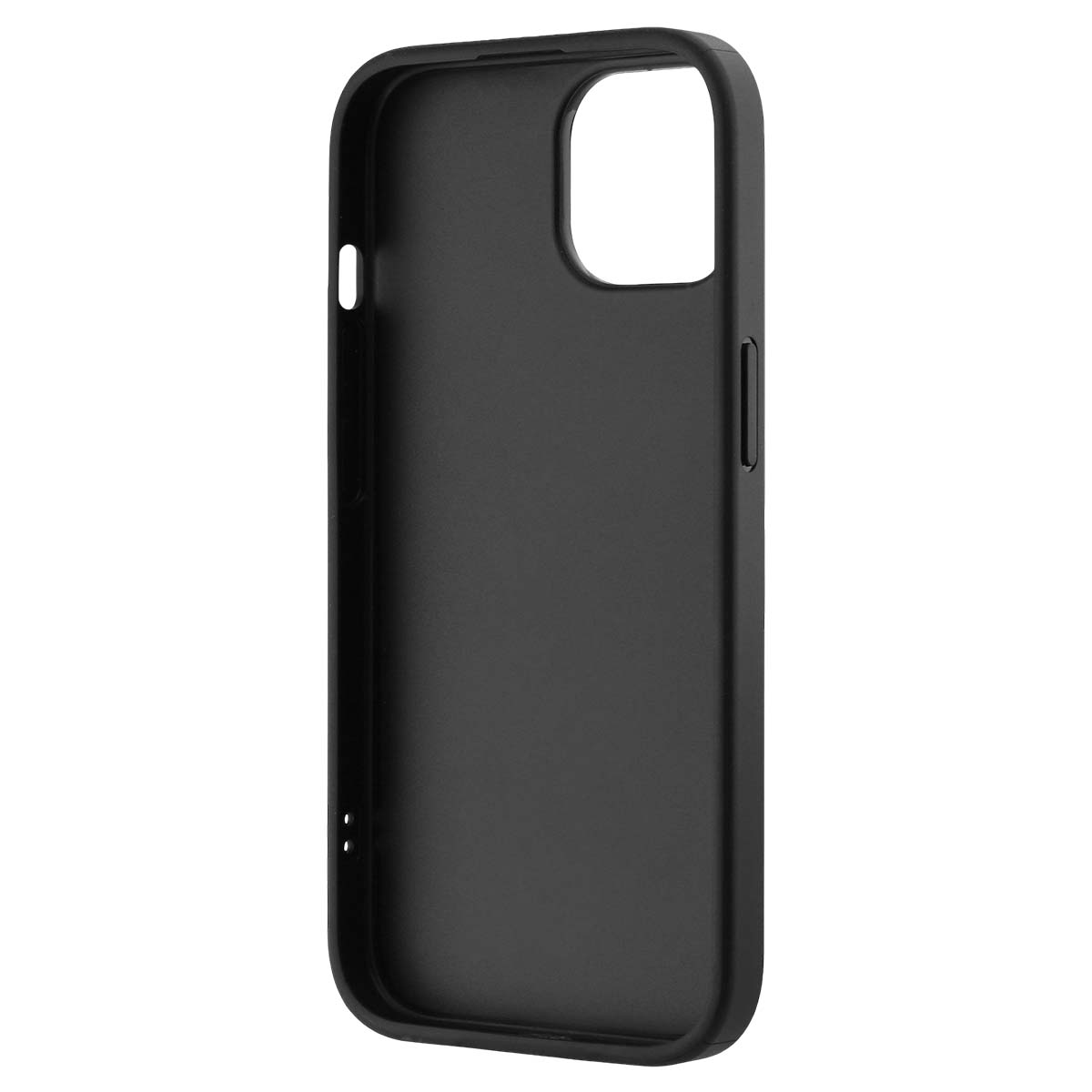 Custodia nera per telefono con ritagli per fotocamera e pulsanti.