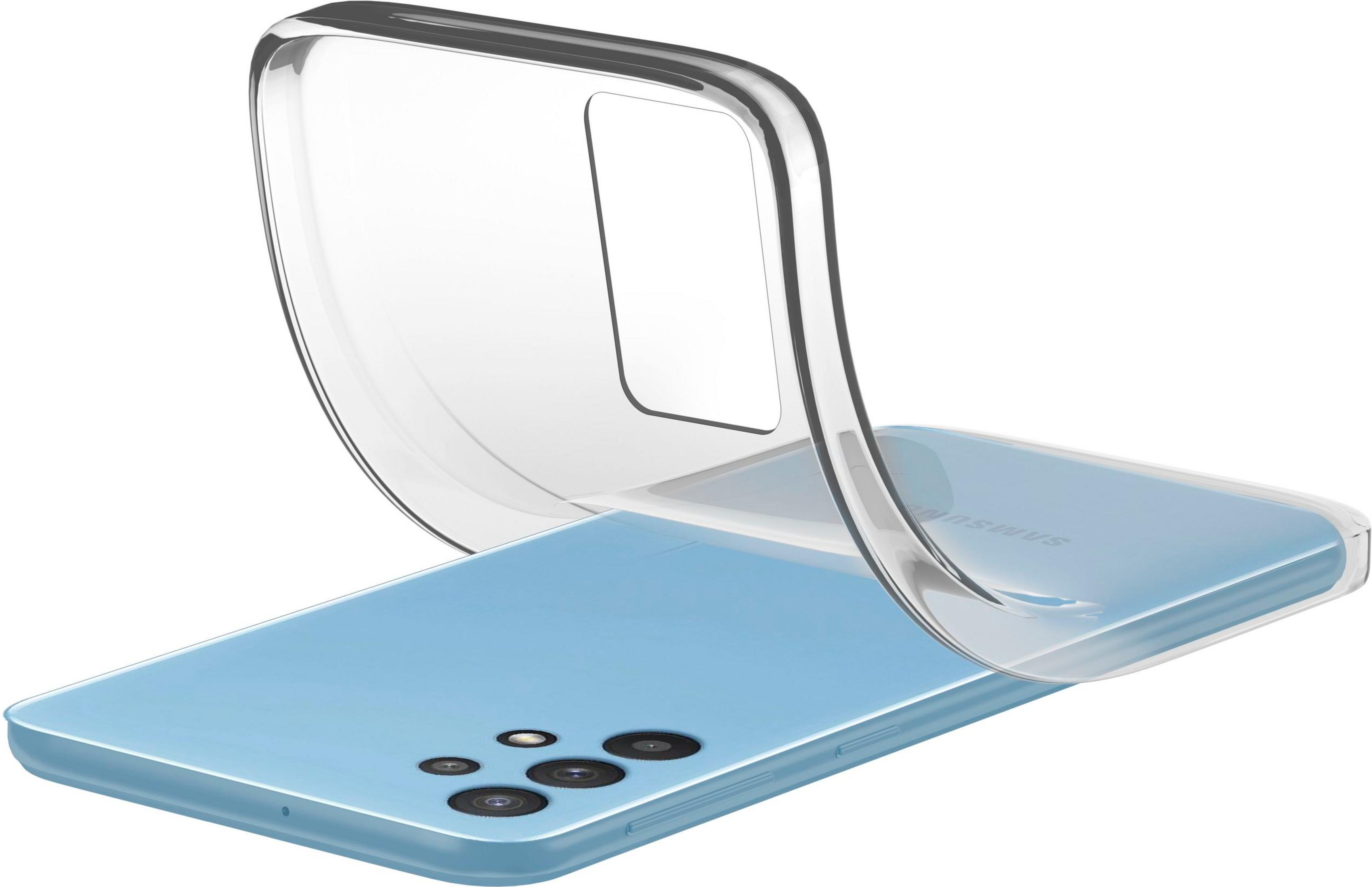 Un telefono Samsung blu con una cover trasparente parzialmente montata.