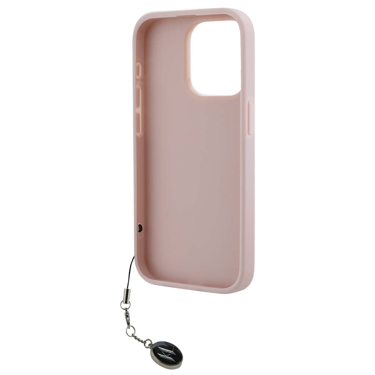 Una custodia rosa polvere per iPhone con un laccetto argentato e un ciondolo ovale.