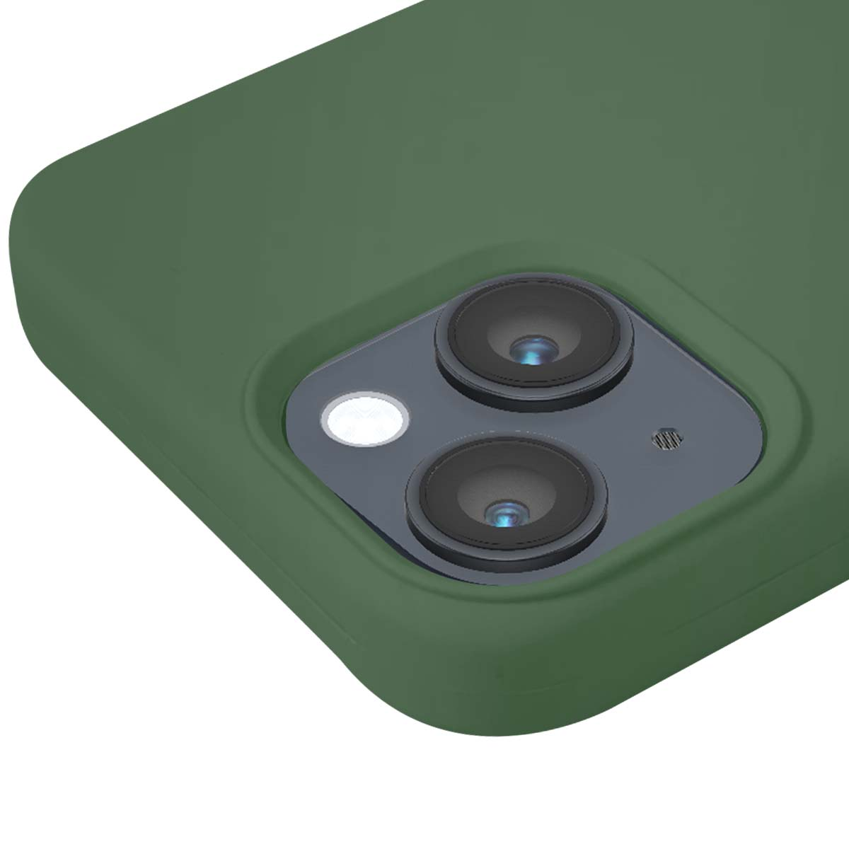 Custodia verde per telefono con modulo tripla fotocamera e flash.