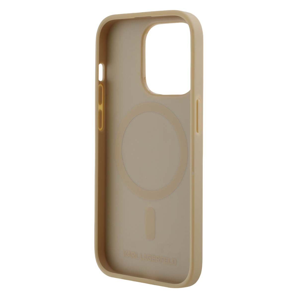 Una custodia beige per smartphone con un'ampia apertura per la fotocamera e un design circolare al centro, su sfondo bianco.