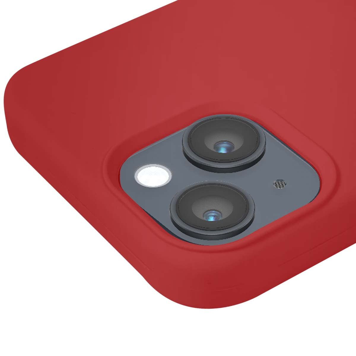 Custodia rossa per telefono con doppie lenti e flash.