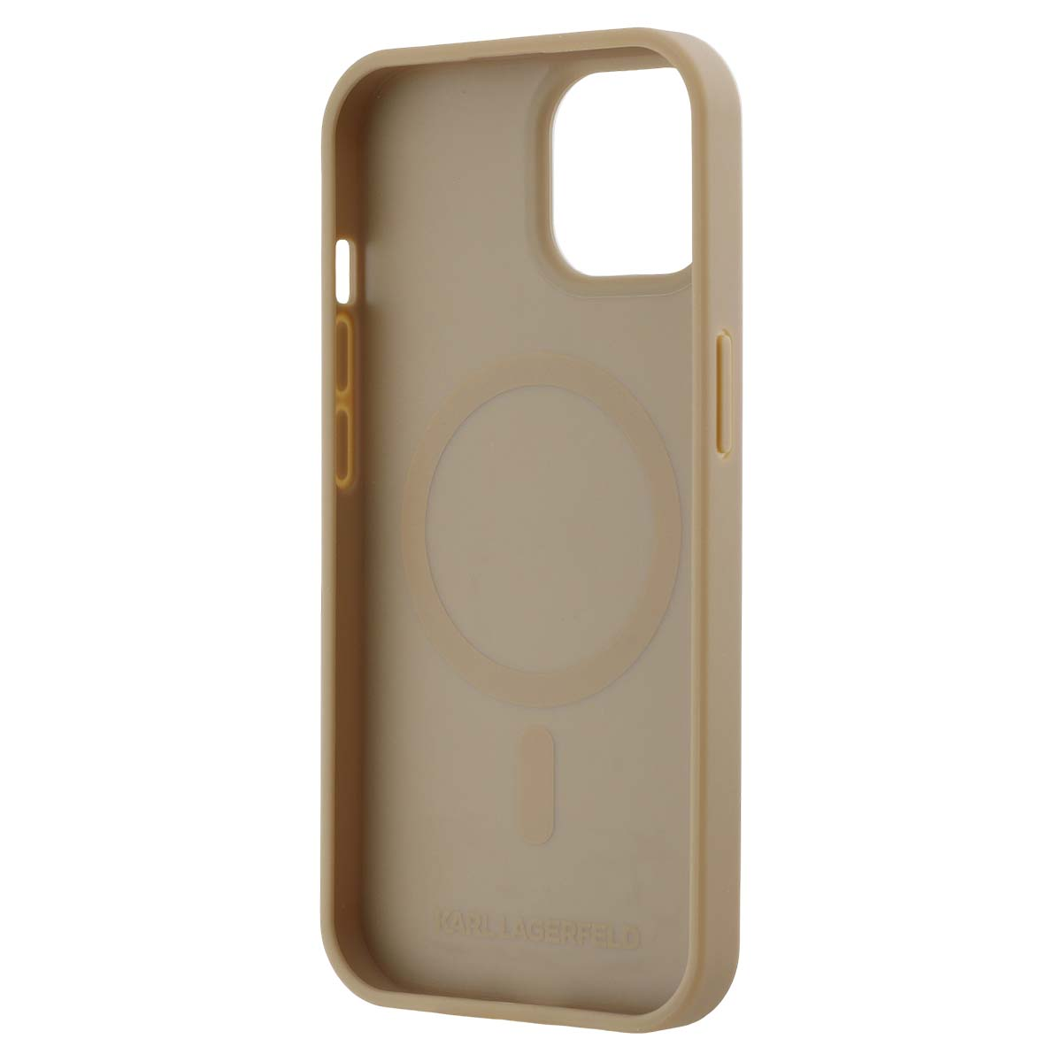 Una custodia per telefono beige con anello magnetico e logo.