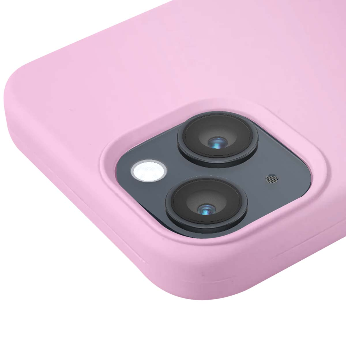 Primo piano di una custodia per telefono rosa con modulo fotocamera a doppia lente.