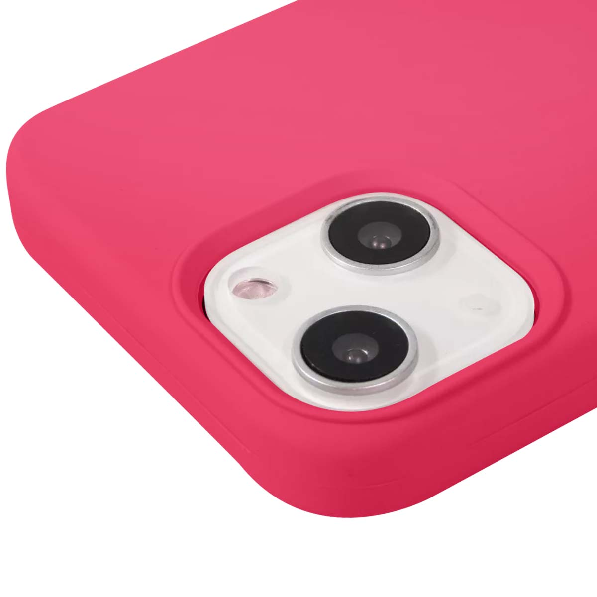Un primo piano di una custodia per telefono rosa con pannello fotocamera bianco a due lenti.