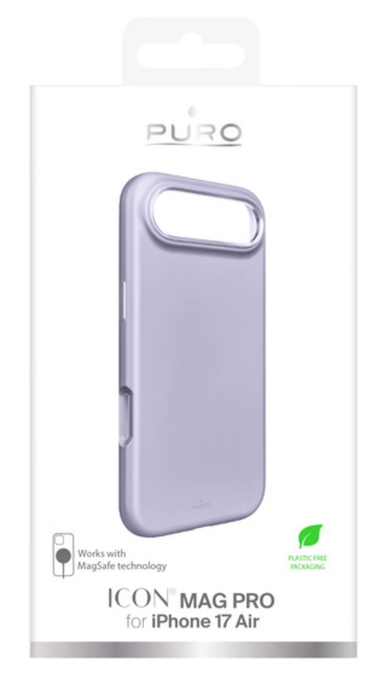 Una funda morada para iPhone 17 Air de Puro, compatible con MagSafe, en envase sin plástico.
