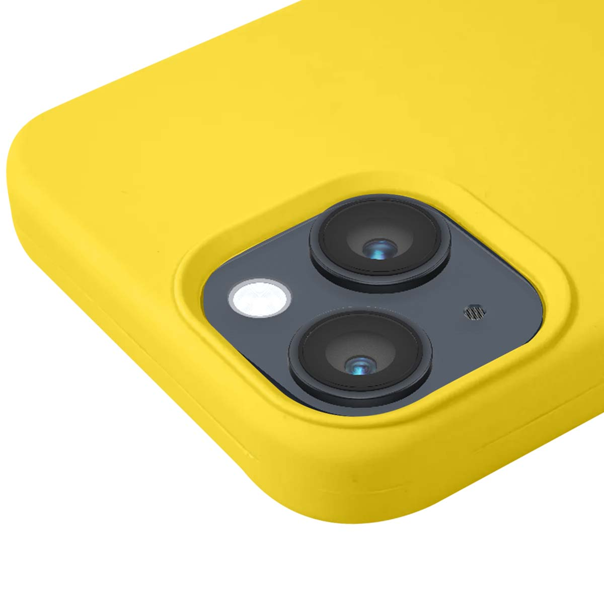 Custodia gialla per telefono con doppia fotocamera e flash.