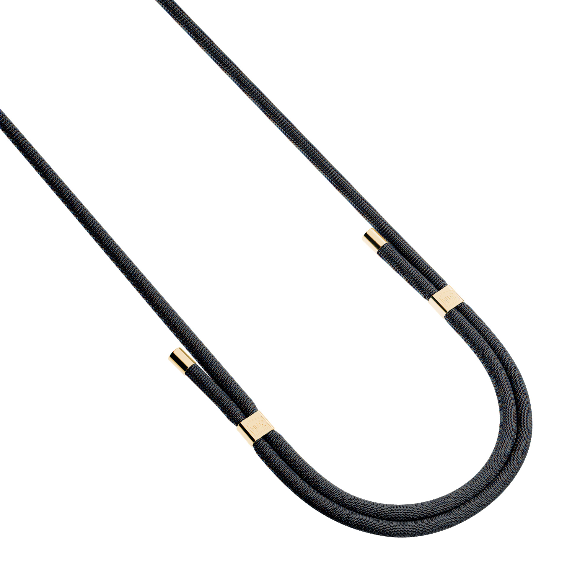 Un cordone nero con accenti dorati si curva in un anello su sfondo bianco.