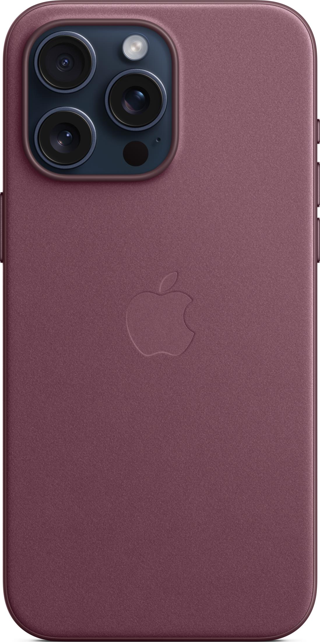 Achterkant van een paarse iPhone hoes met Apple logo en drie camera's.