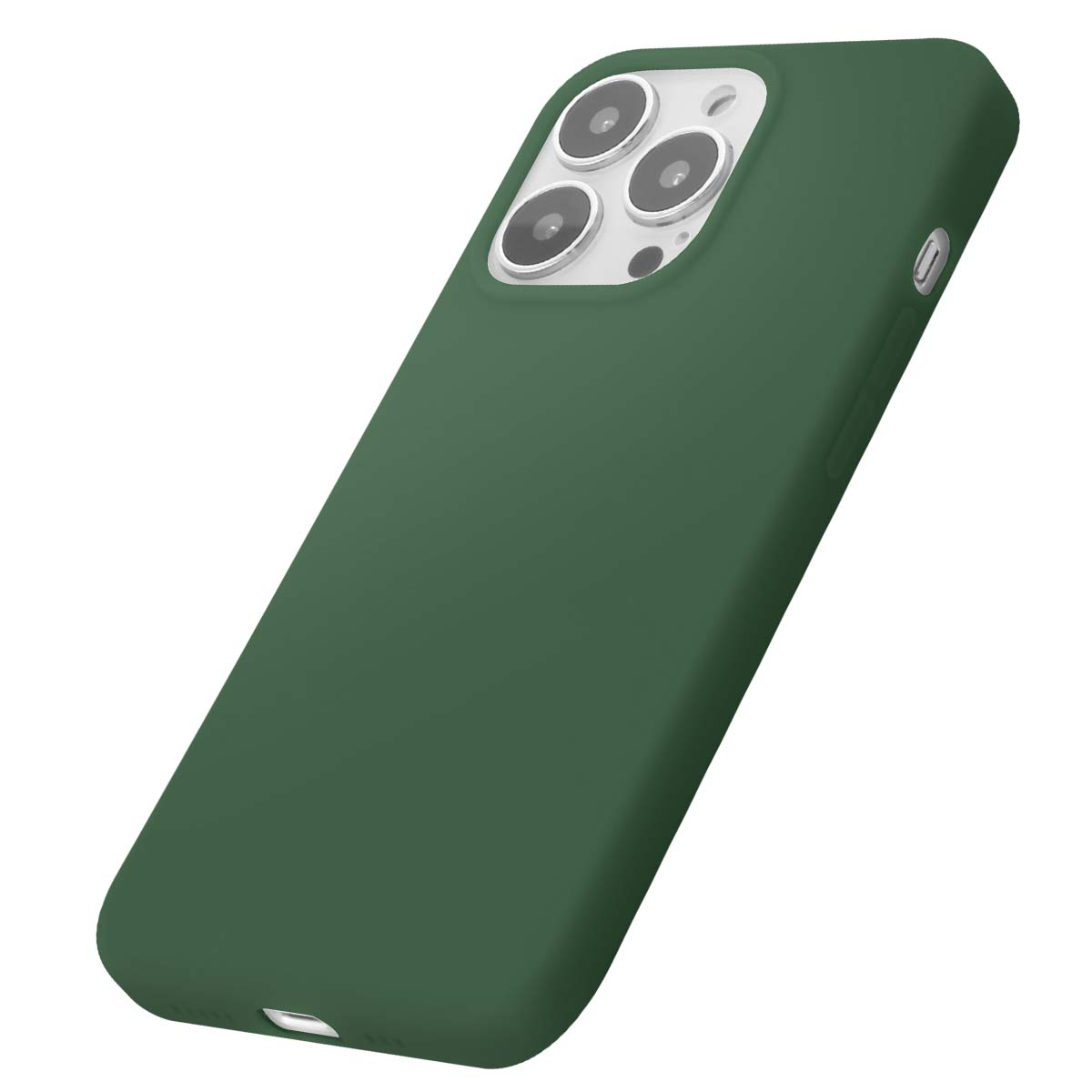 Custodia verde scuro per telefono con tripla fotocamera, su sfondo bianco.