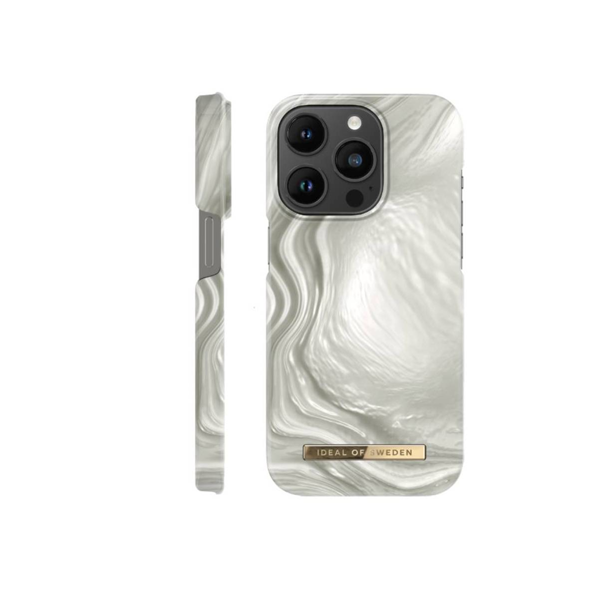 Viene mostrata una cover per iPhone con motivo a marmo bianco. La cover ha tre fotocamere.