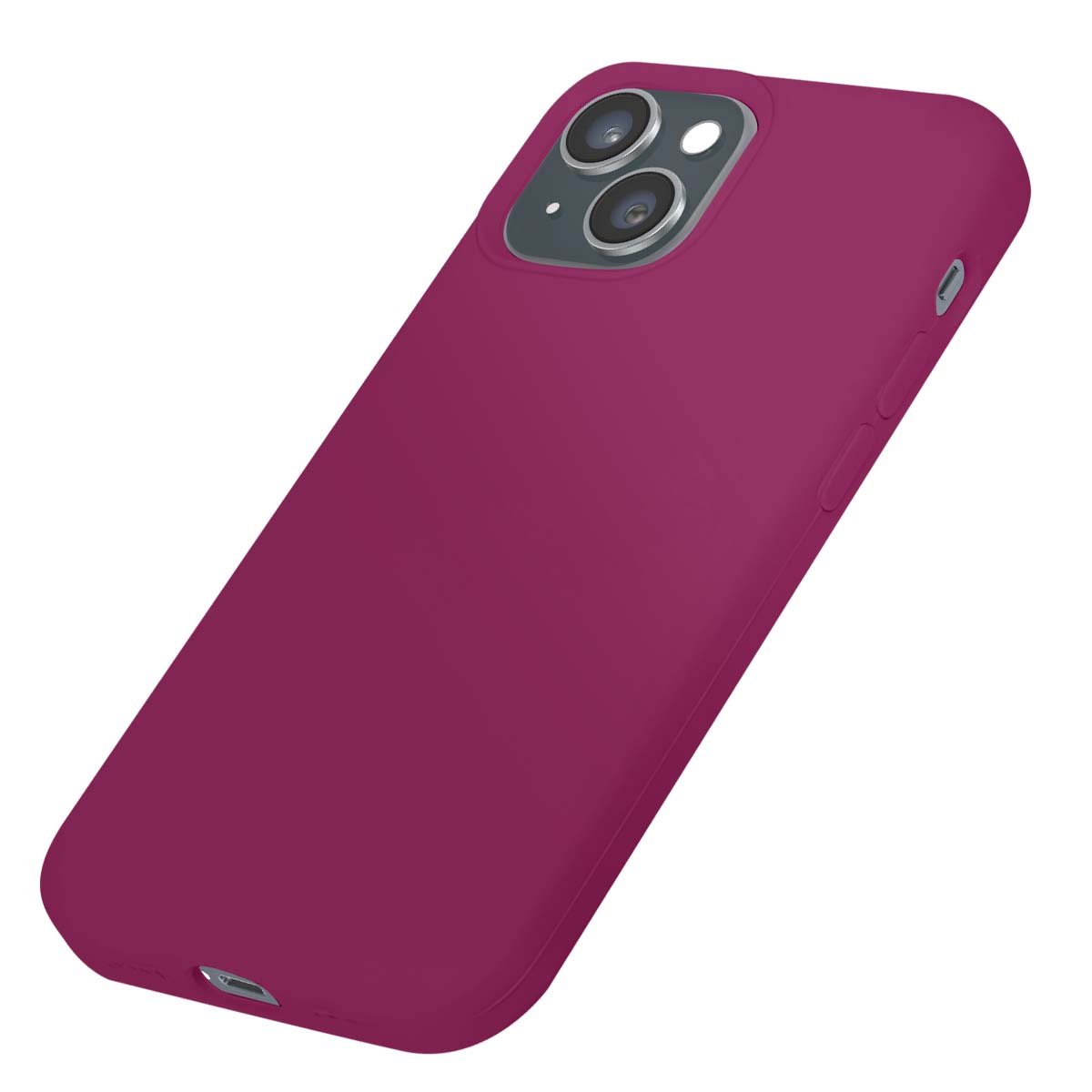 Una cover rossa scuro su sfondo bianco con tre obiettivi della fotocamera.