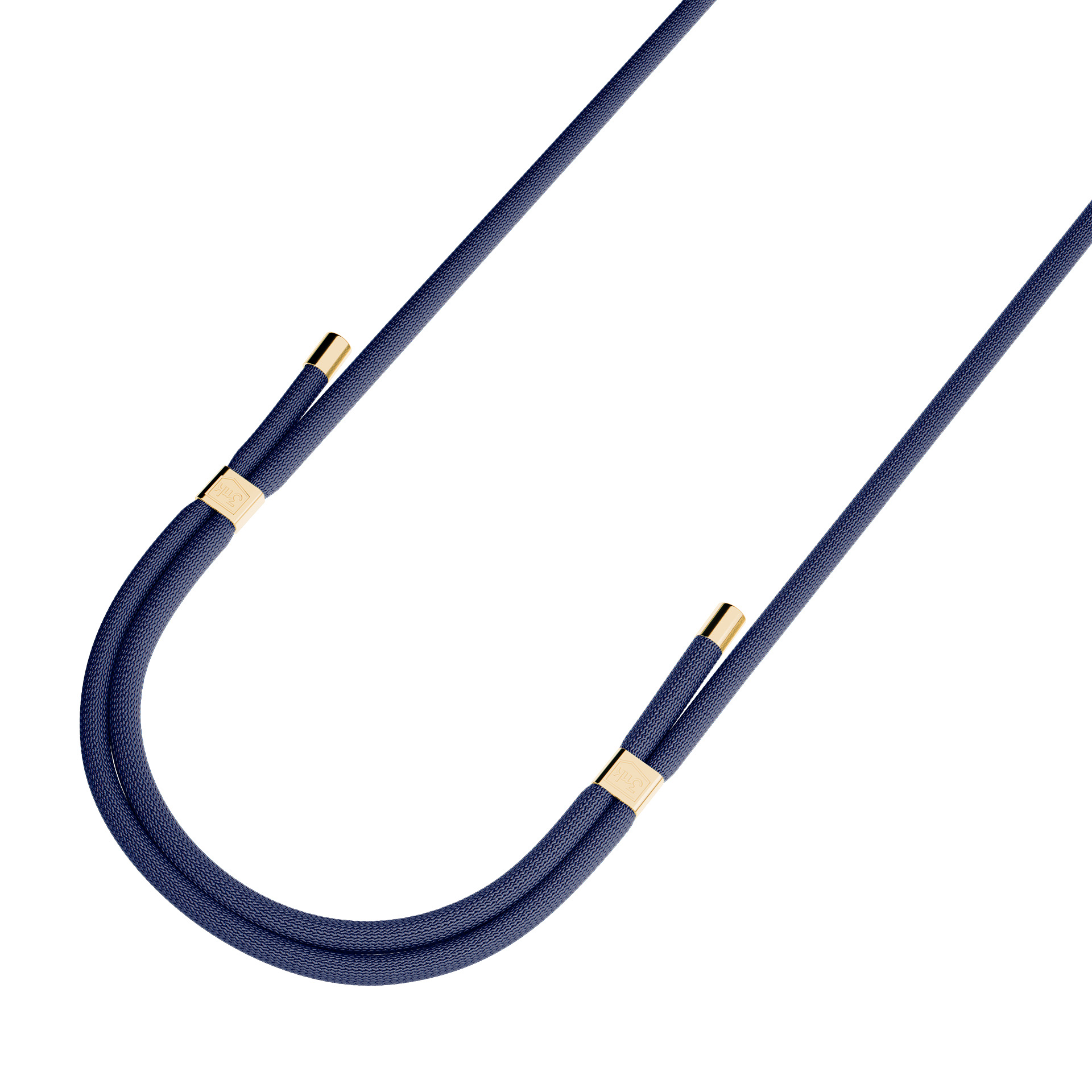 Cordino blu scuro con cappucci dorati, a forma di U.