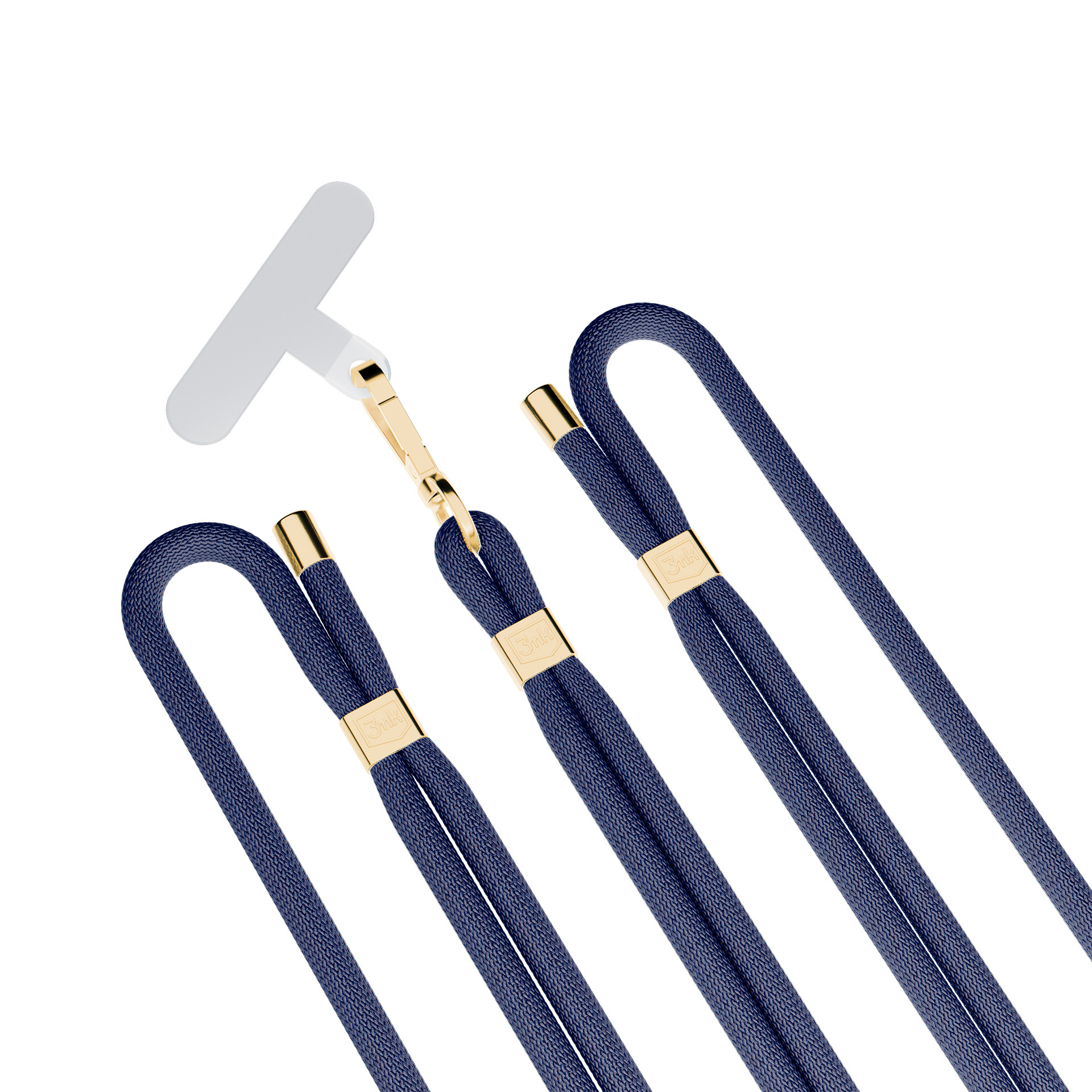 Tre cordini blu scuro per telefono con accenti dorati e una clip argentata.