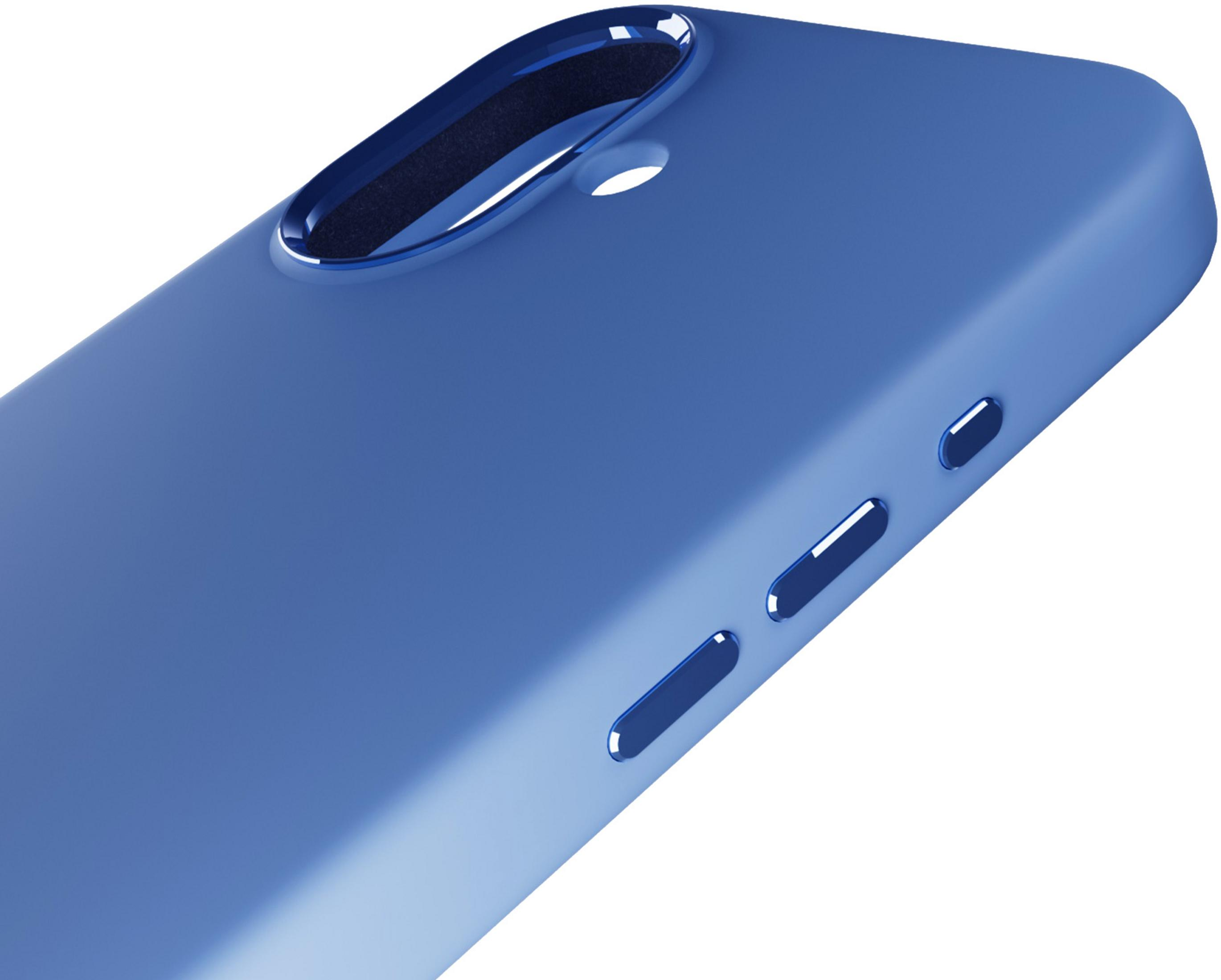 Cover blu per telefono con accenti lucidi e pulsanti.
