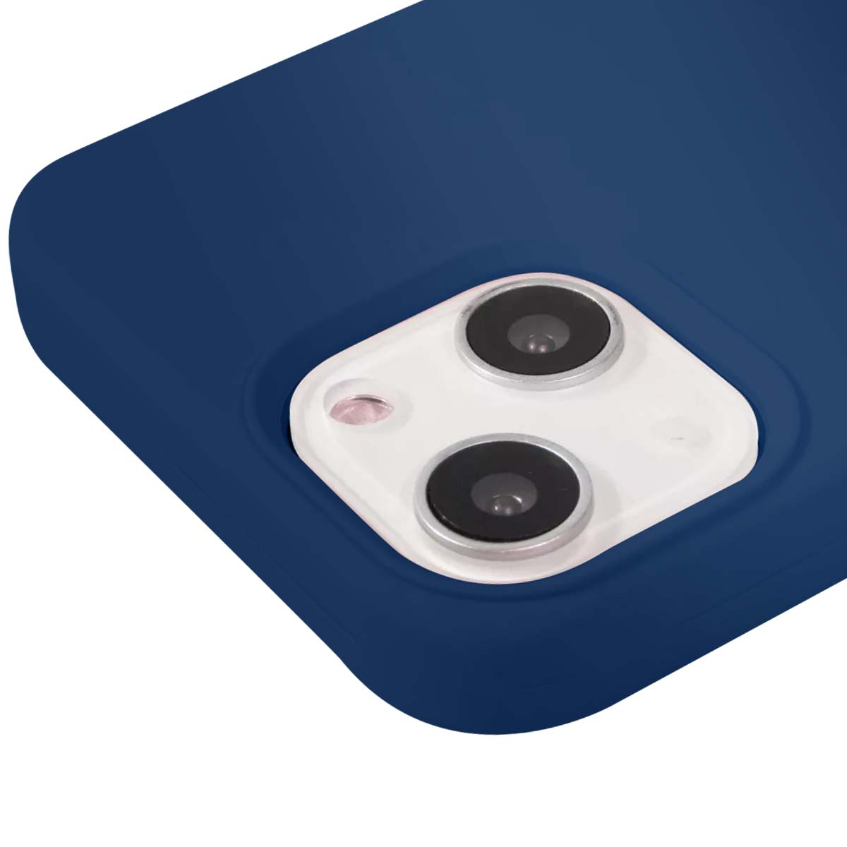 Custodia blu scuro per telefono con modulo fotocamera bianco e due lenti.