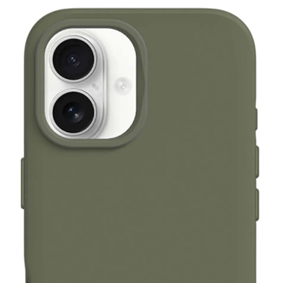 Primo piano di una custodia verde per telefono che mostra una configurazione a doppia fotocamera con obiettivi e flash.