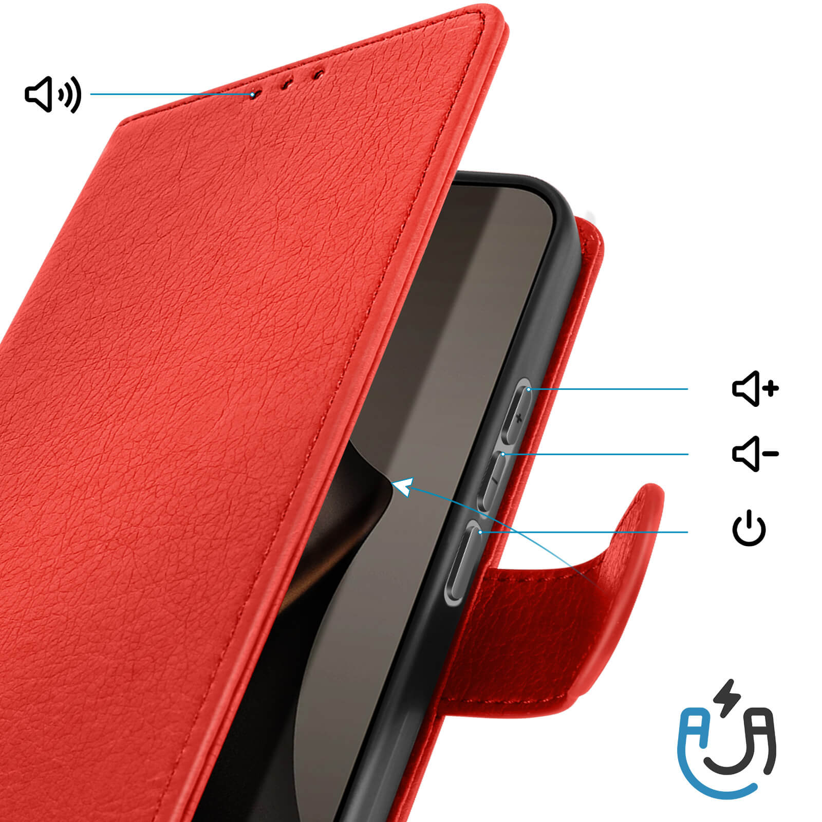 Rotes Handycover mit hervorgehobenen Lautstärke- und Einschalttasten.