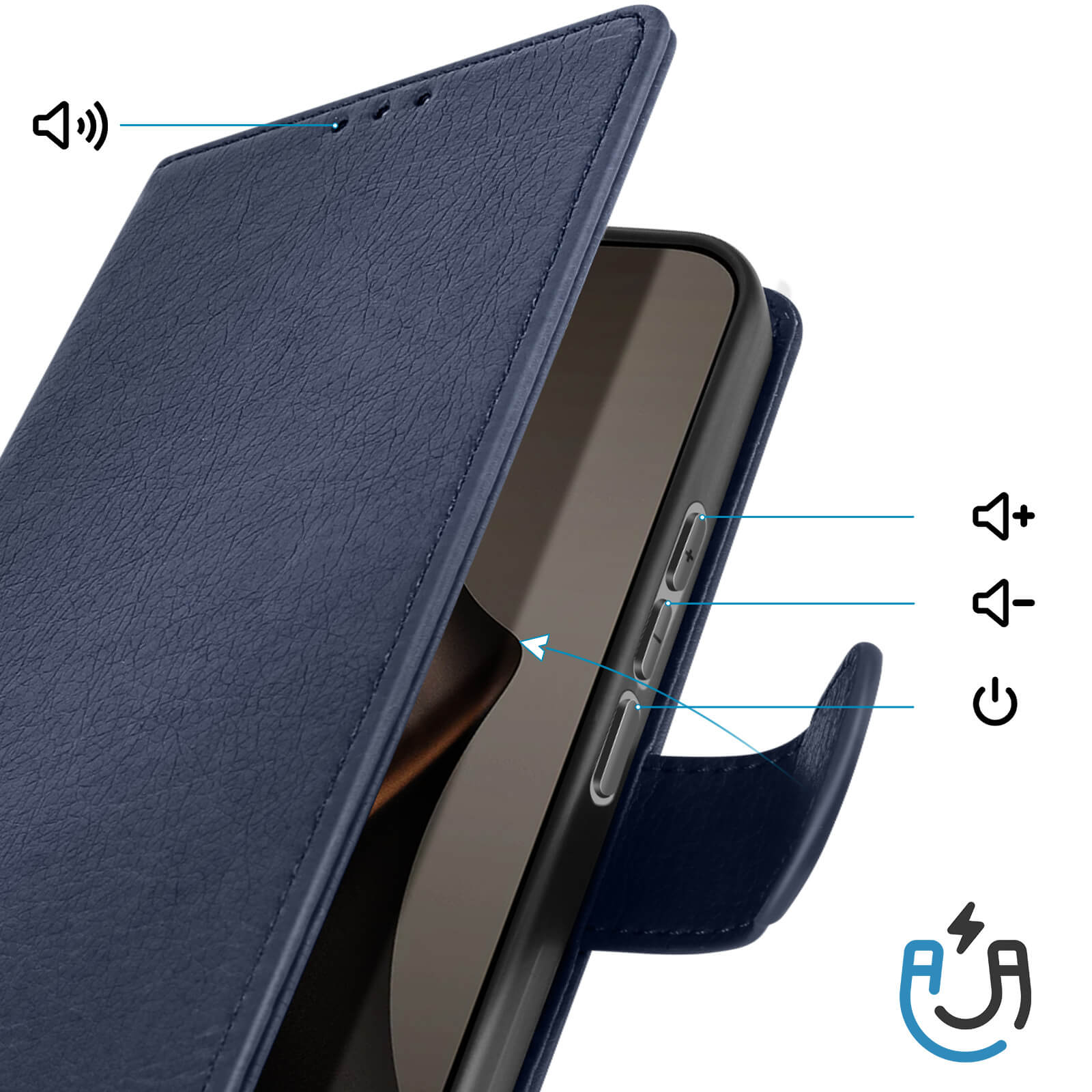 Custodia a libro blu scuro che mostra i pulsanti volume e accensione.