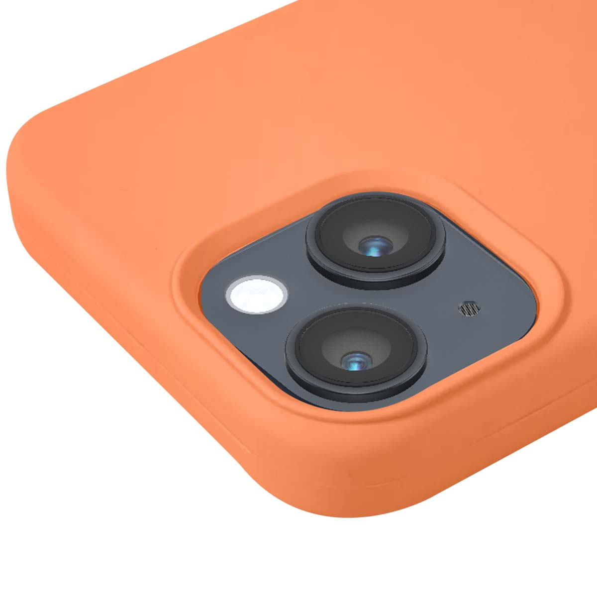 Orange Hülle mit zwei Kameras und Blitz auf der Rückseite eines Telefons.