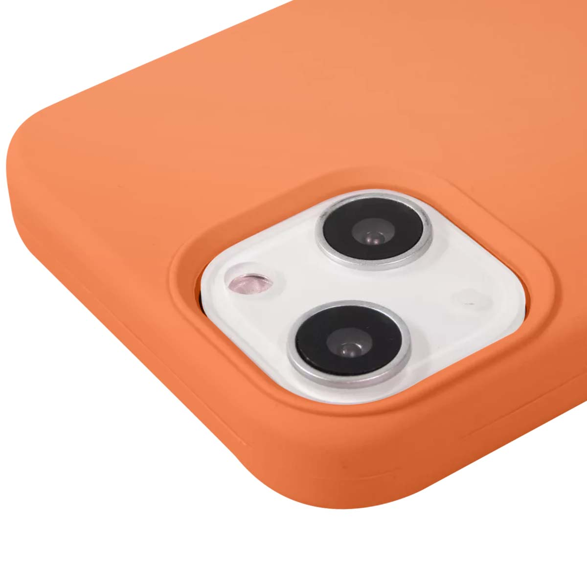Primo piano di una cover arancione per telefono con modulo fotocamera bianco e due lenti.