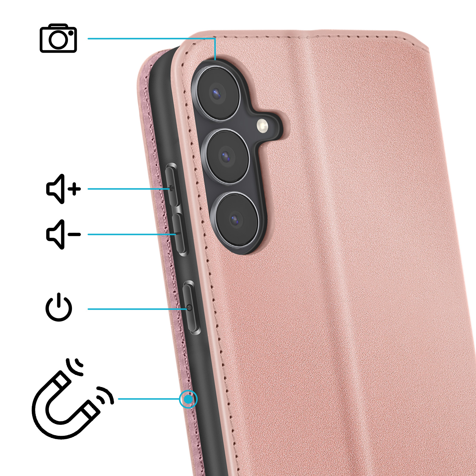 Custodia rosa per telefono che mostra fotocamera, volume, pulsanti di accensione e chiusura magnetica.