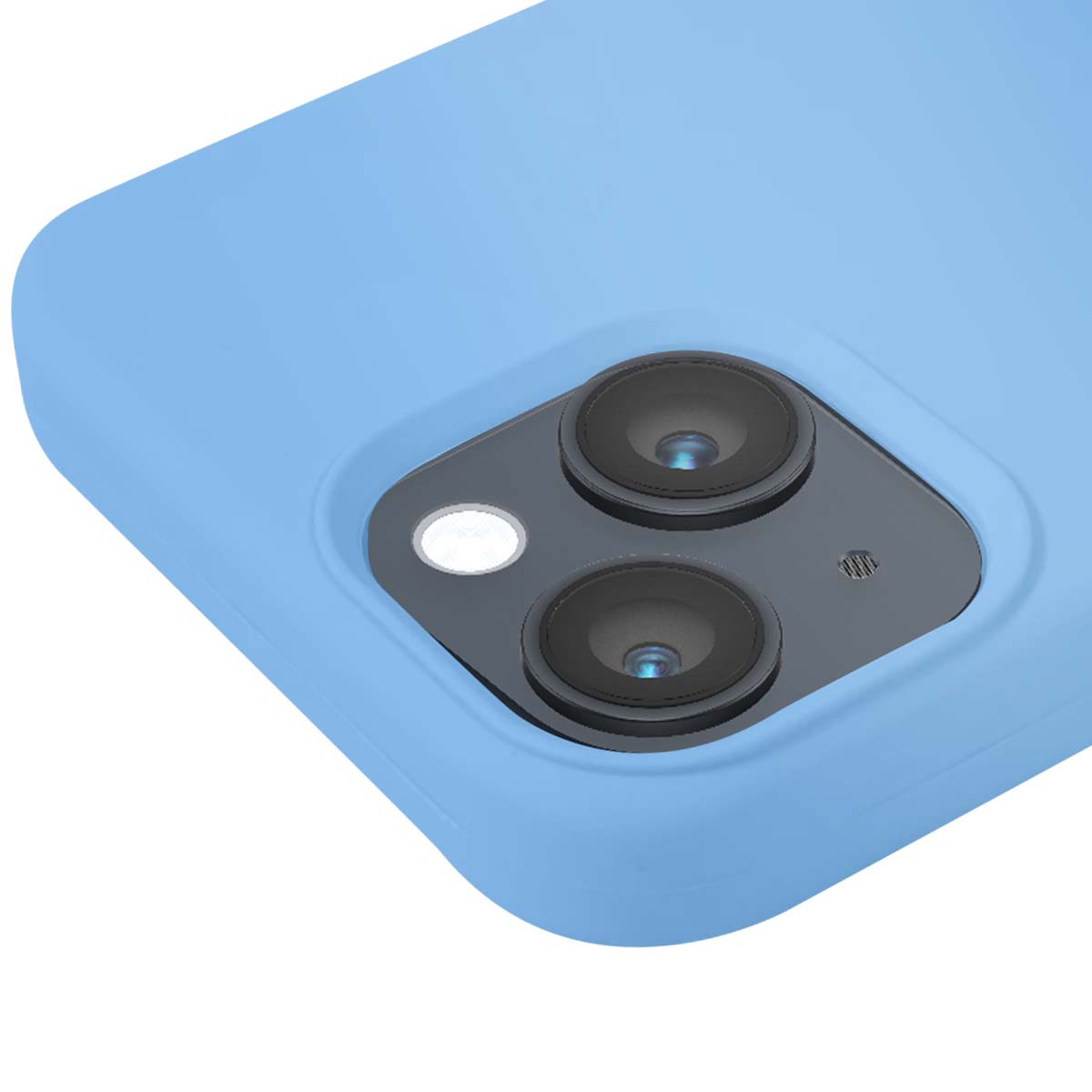 Un primo piano del retro di un telefono azzurro con modulo fotocamera.
