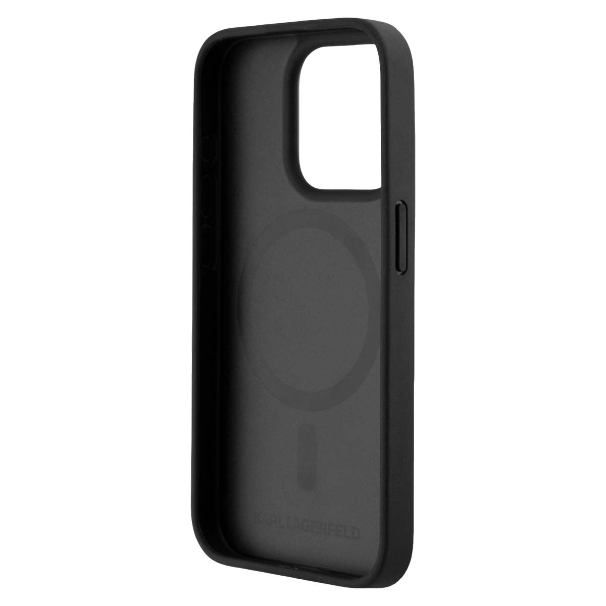 Custodia nera per telefono con anello magnetico e logo Karl Lagerfeld.