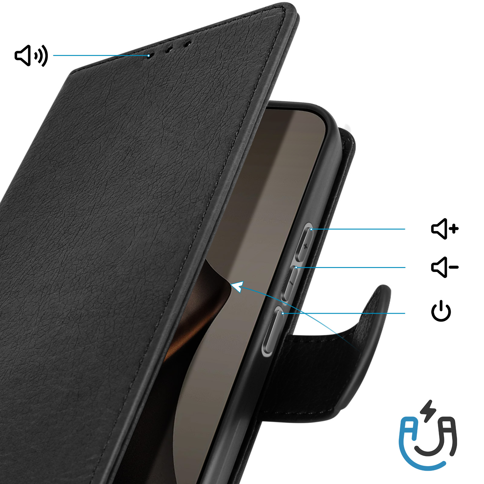 Custodia nera per telefono con pulsanti laterali, icone volume e accensione.