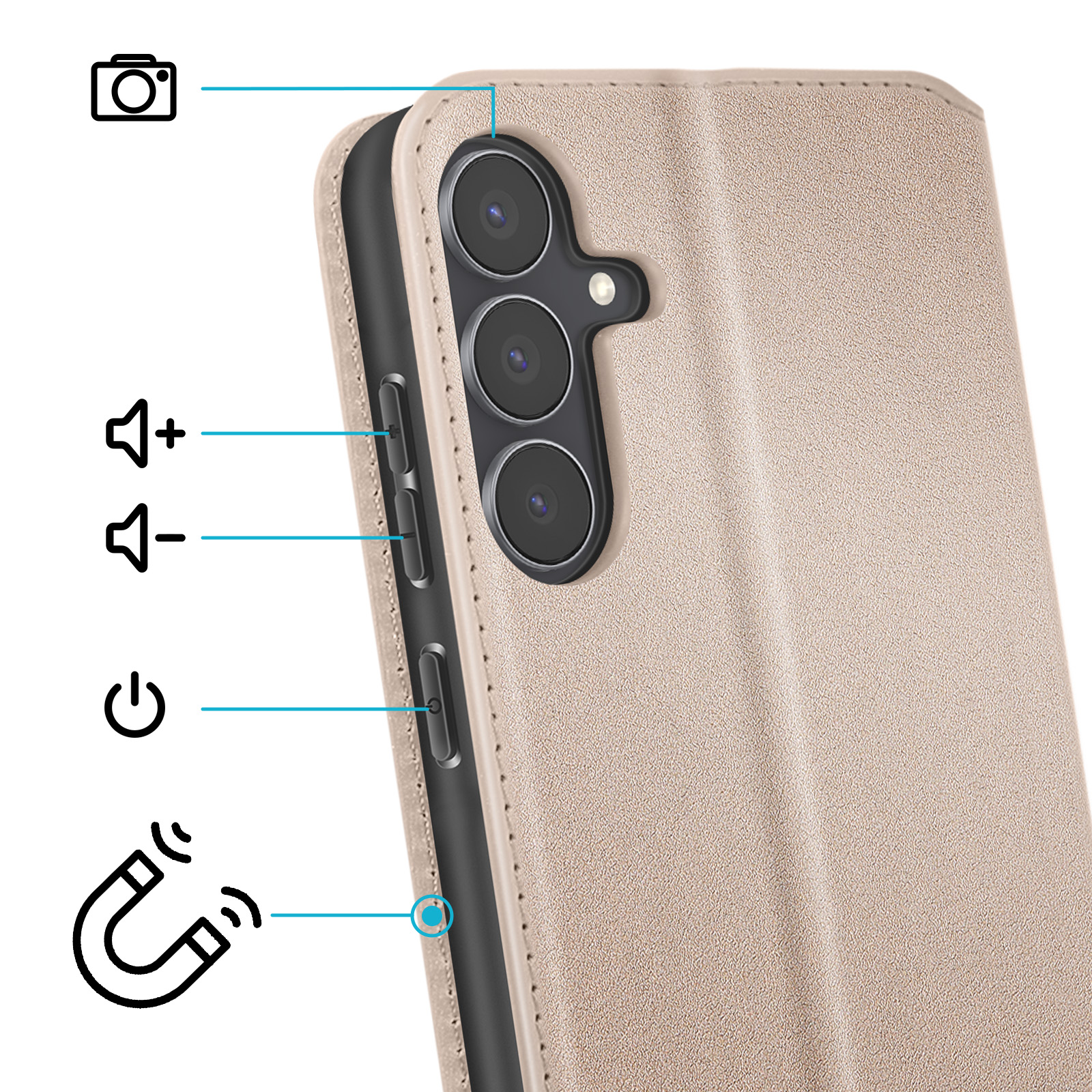 Nahaufnahme einer beige Handyhülle mit Kamera, Lautstärketasten und Einschalttaste.