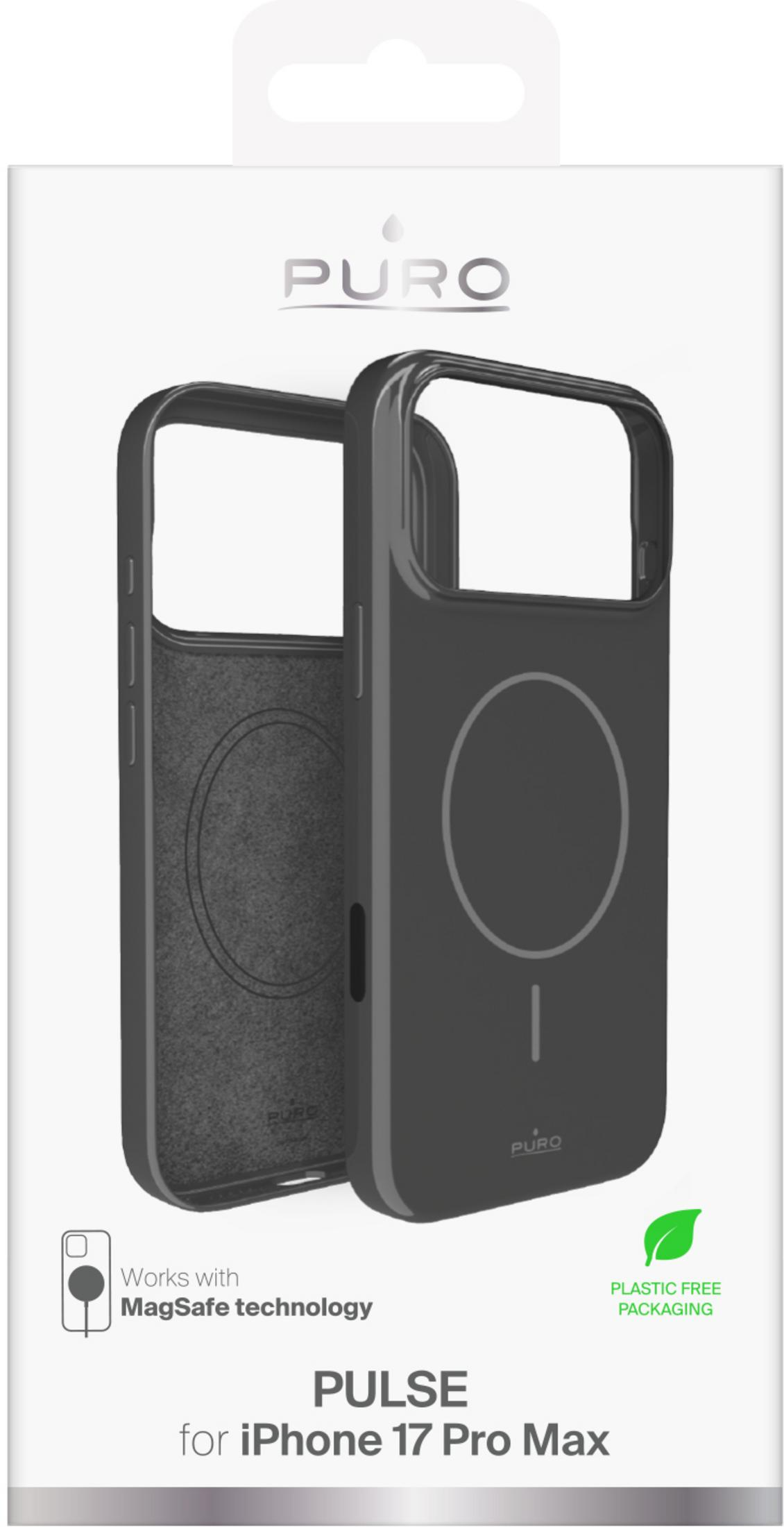 Schwarze Puro Pulse Hülle für iPhone 17 Pro Max, MagSafe kompatibel, plastikfrei verpackt.