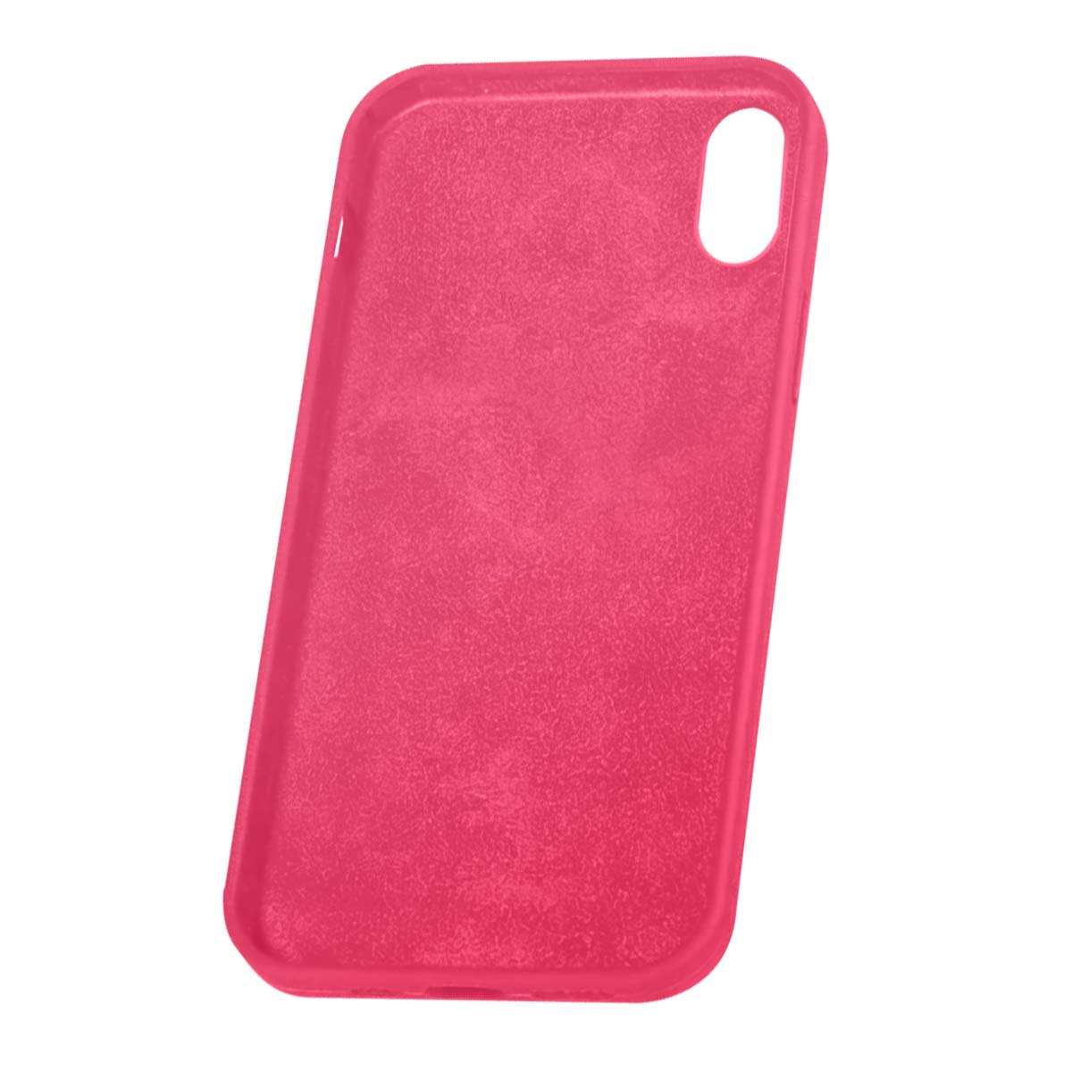 Una cover per telefono liscia, lucida, rosso-rosa in gomma con ritaglio per fotocamera.