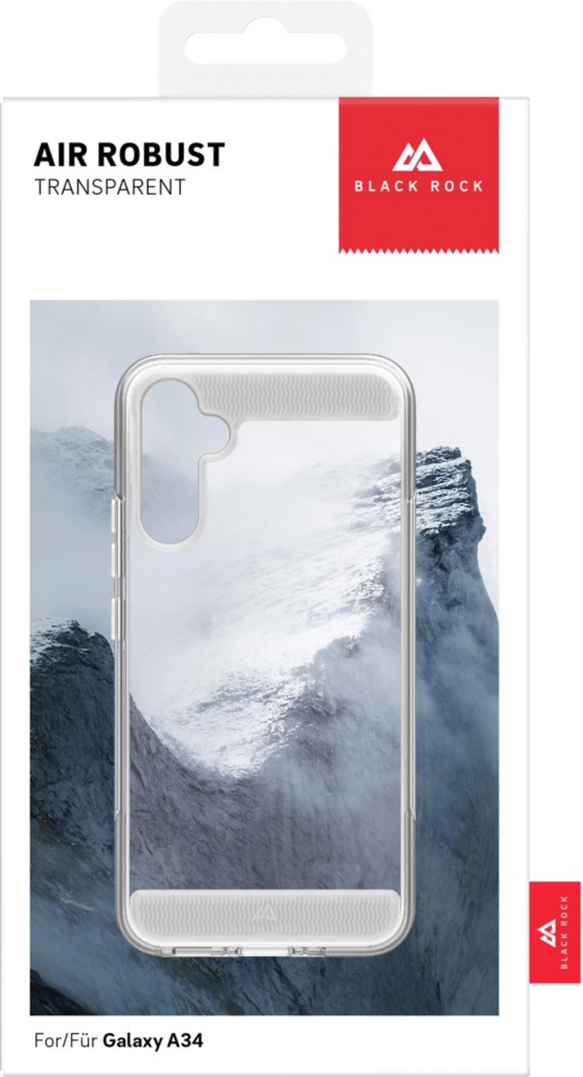 Custodia trasparente per Galaxy A34 con sfondo montano.