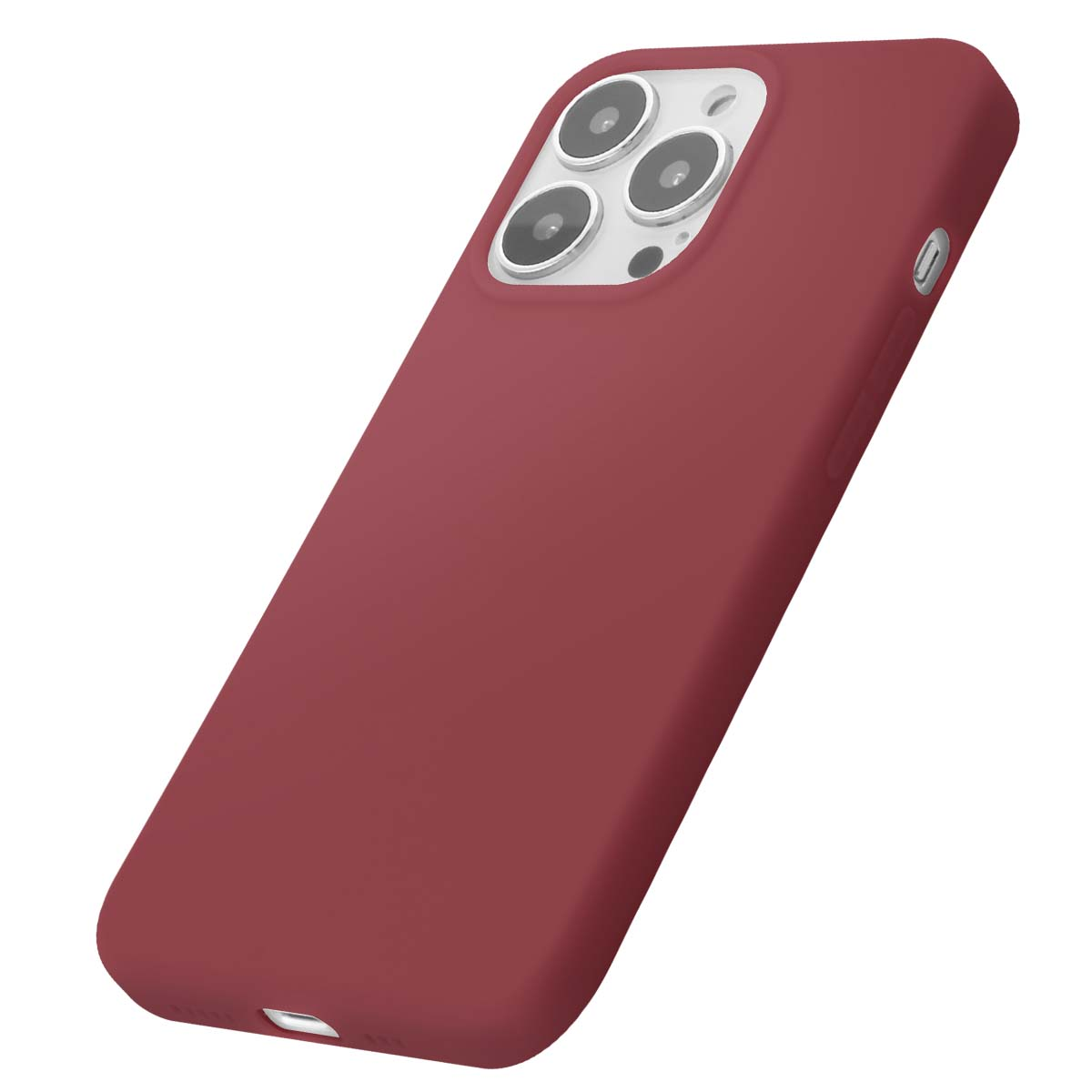 Una cover rossa per telefono con tre obiettivi e bordo argentato.