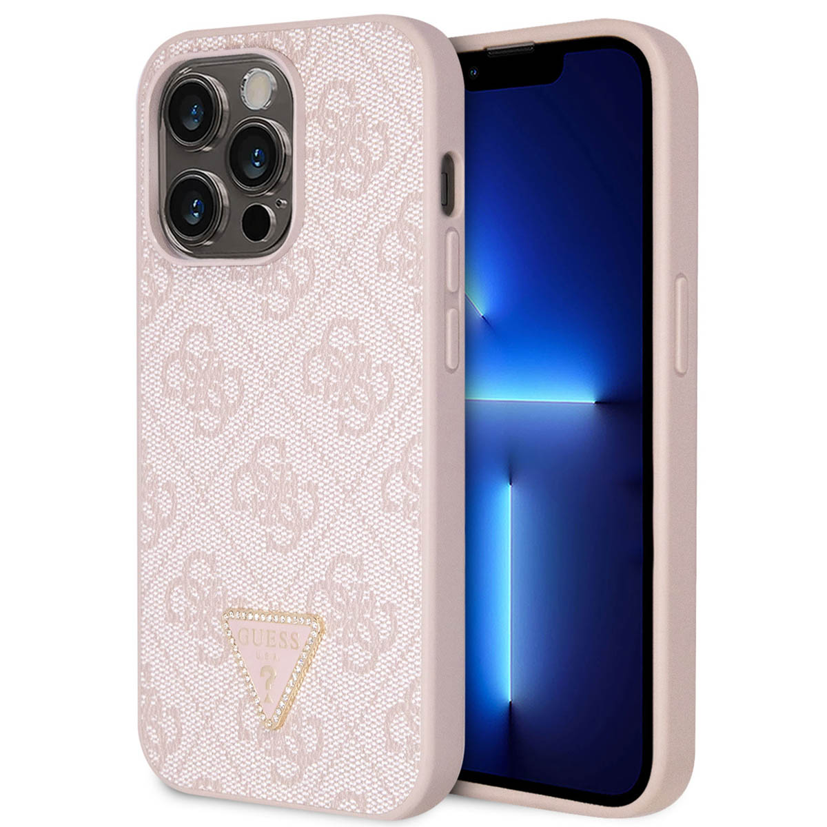 Una cover rosa per telefono con logo GUESS e parte di un iPhone.