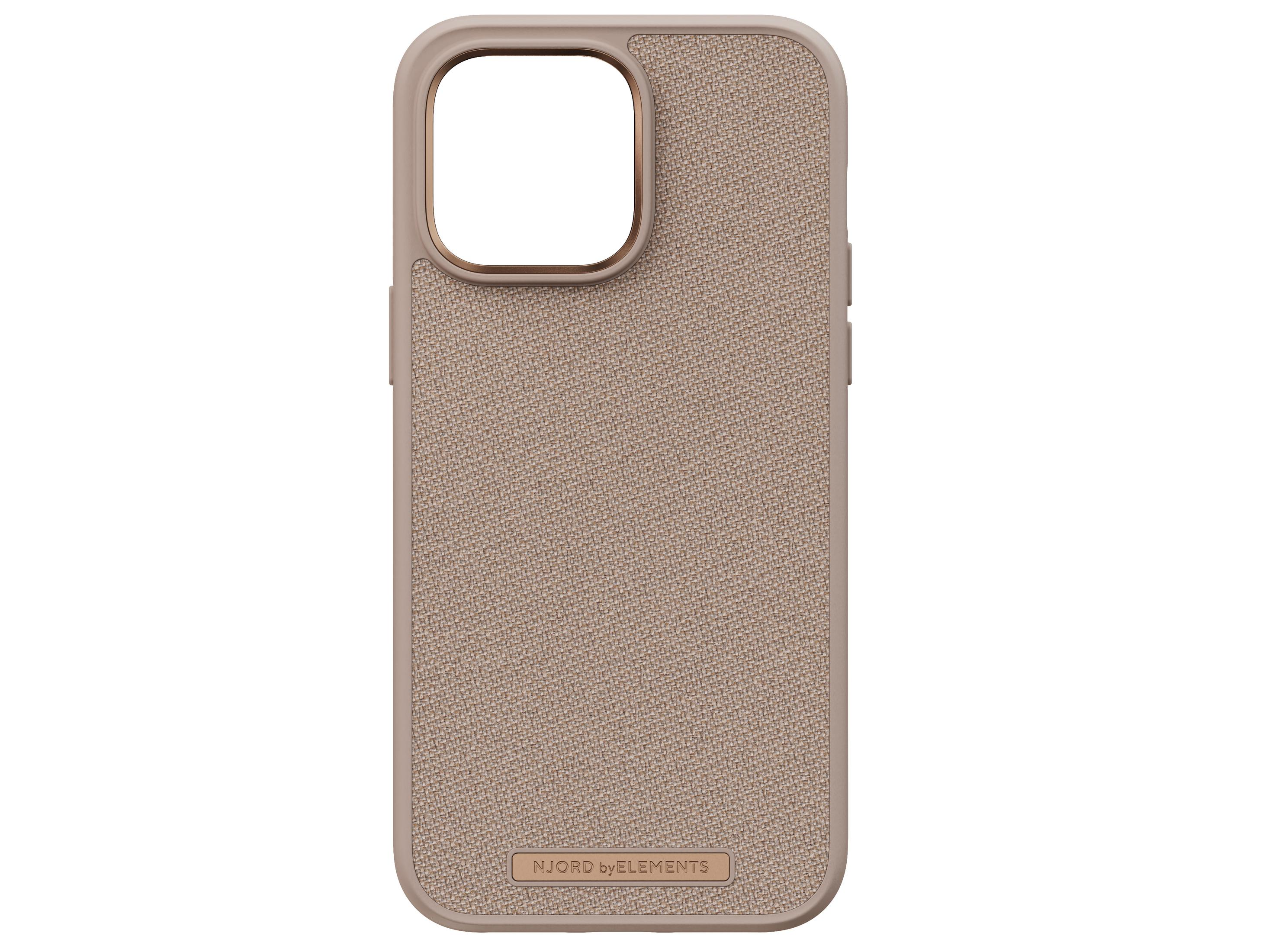Una custodia per telefono beige testurizzata con bordo fotocamera metallico e logo.
